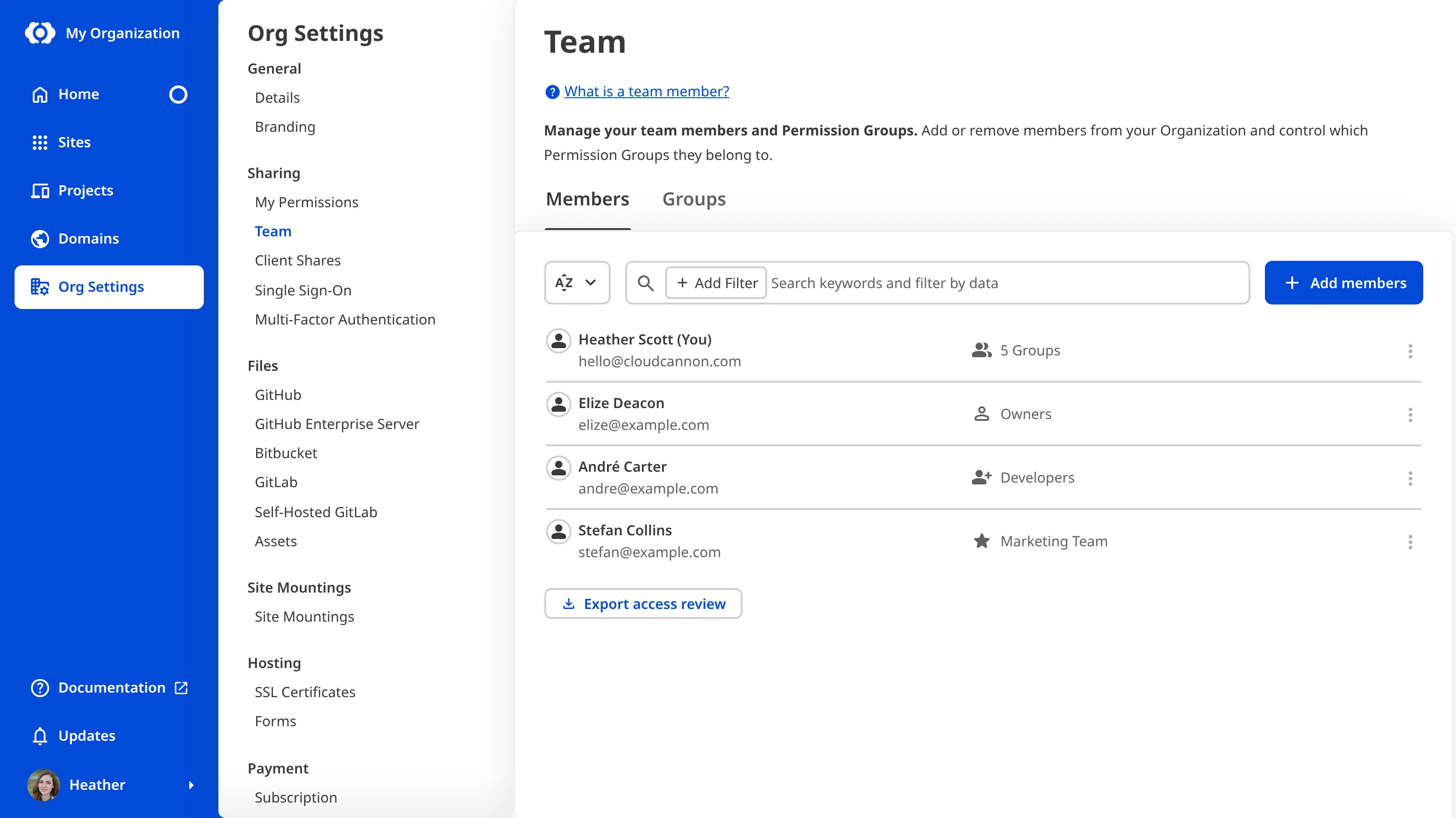 The Team page A screenshot of the Team page under Org Settings shows a list of Team Member cards, each with the member's name and how long ago they were last active.