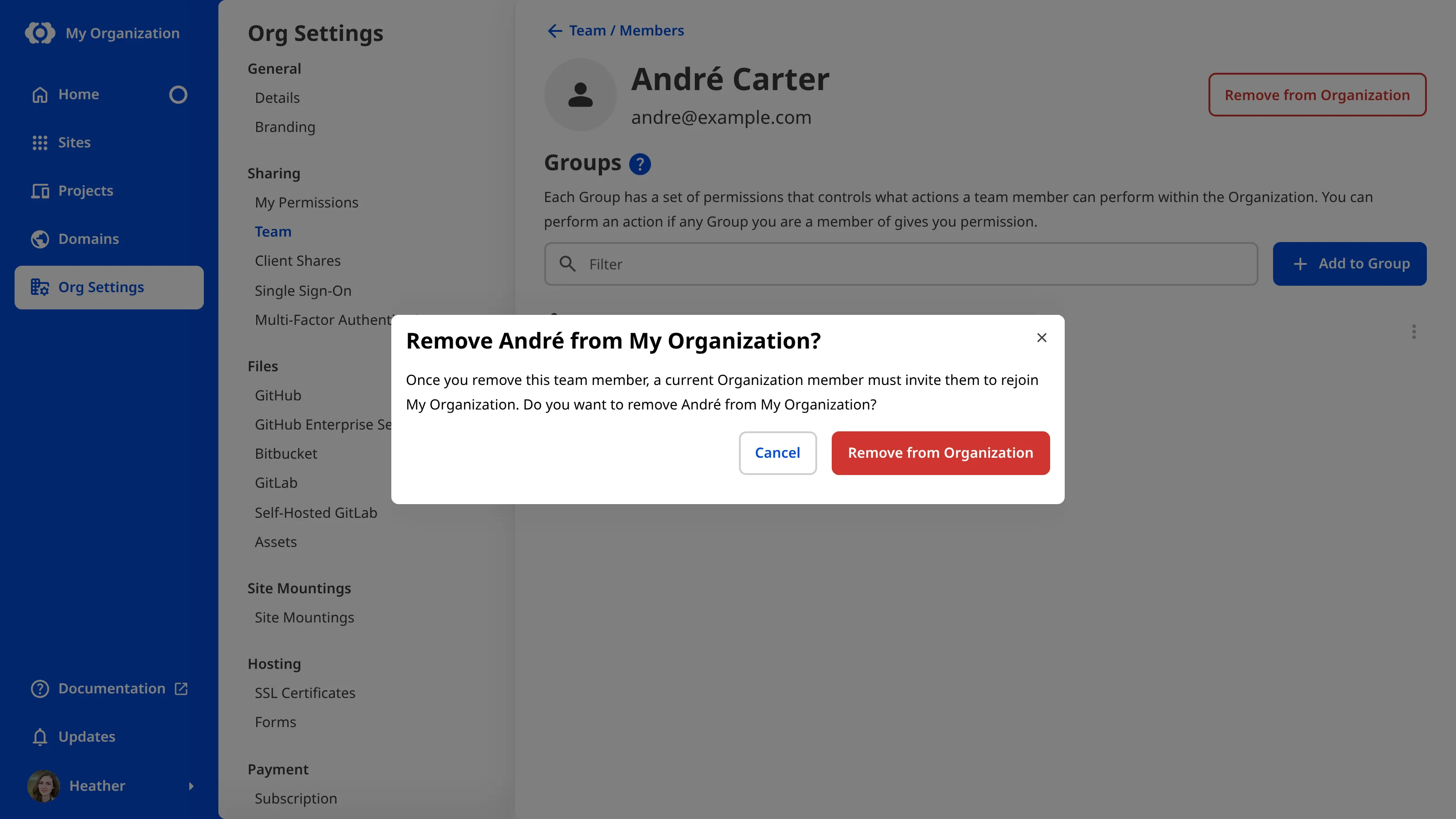 A screenshot of the Remove from Organization confirmation modal shows a message that a current Organization member must invite the removed Team Member to rejoin, with Cancel and Remove from Organization buttons.