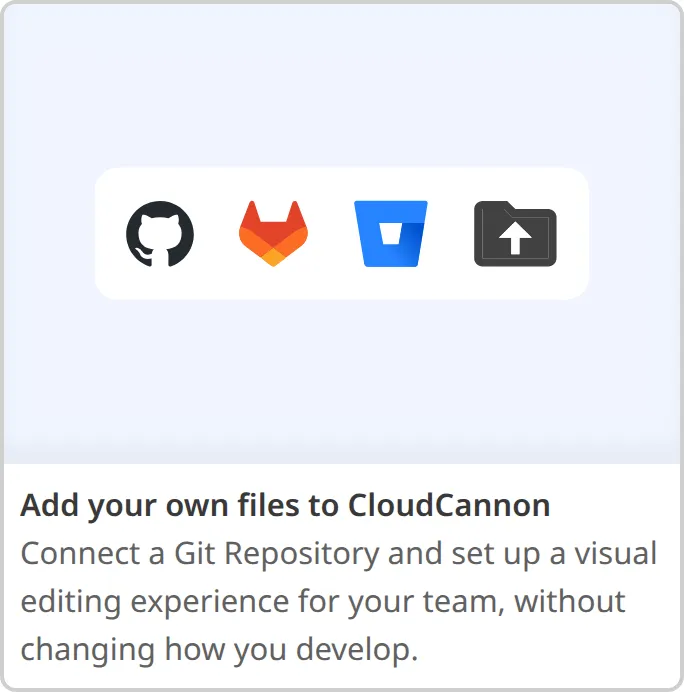 The Add your own files card A screenshot of the Add your own files to CloudCannon card from the Organization Home page.