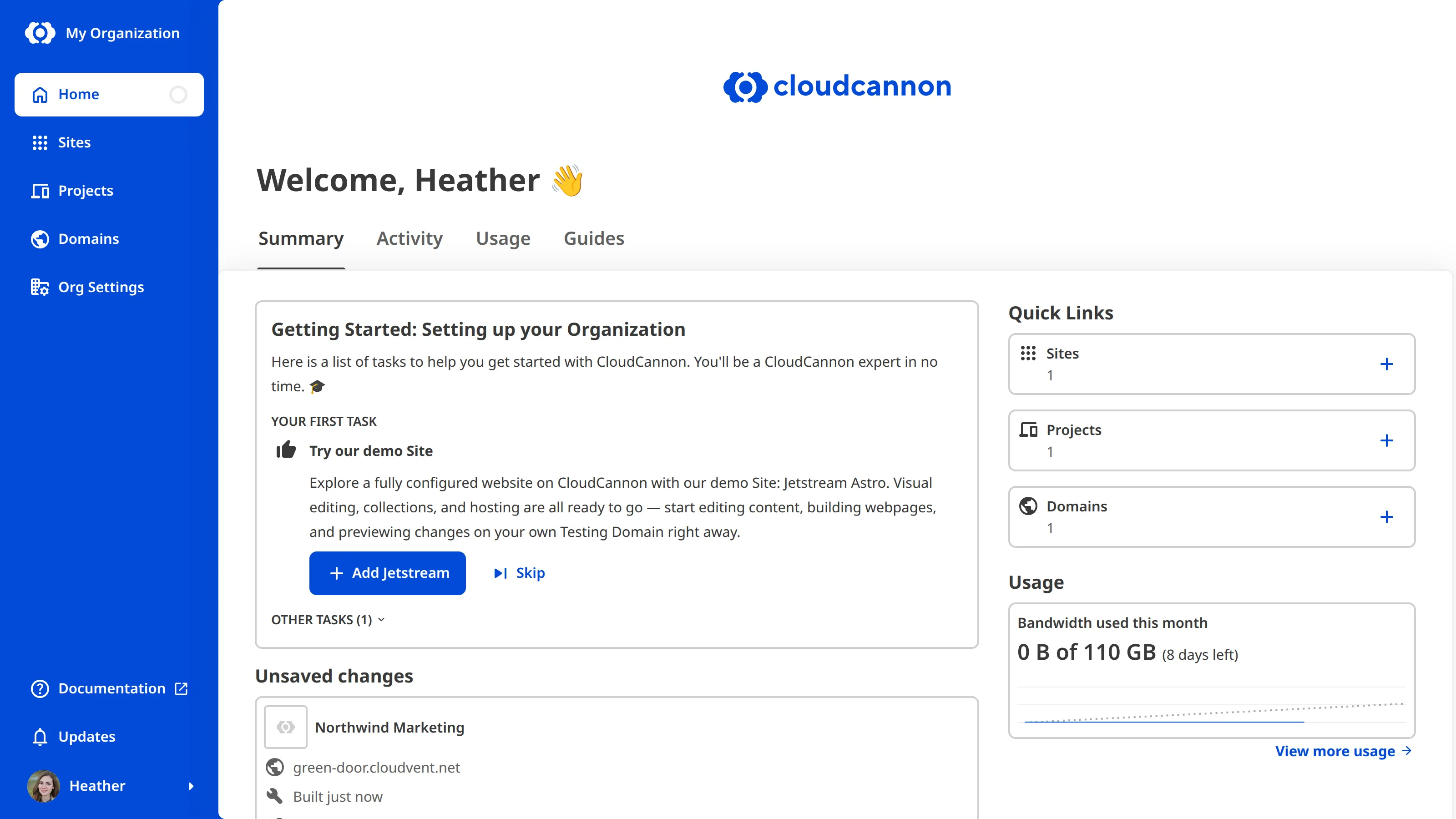 A screenshot of the Organization Home page shows quick links to your Sites, Projects, and Domains, alongside a summary of your Organization's usage.