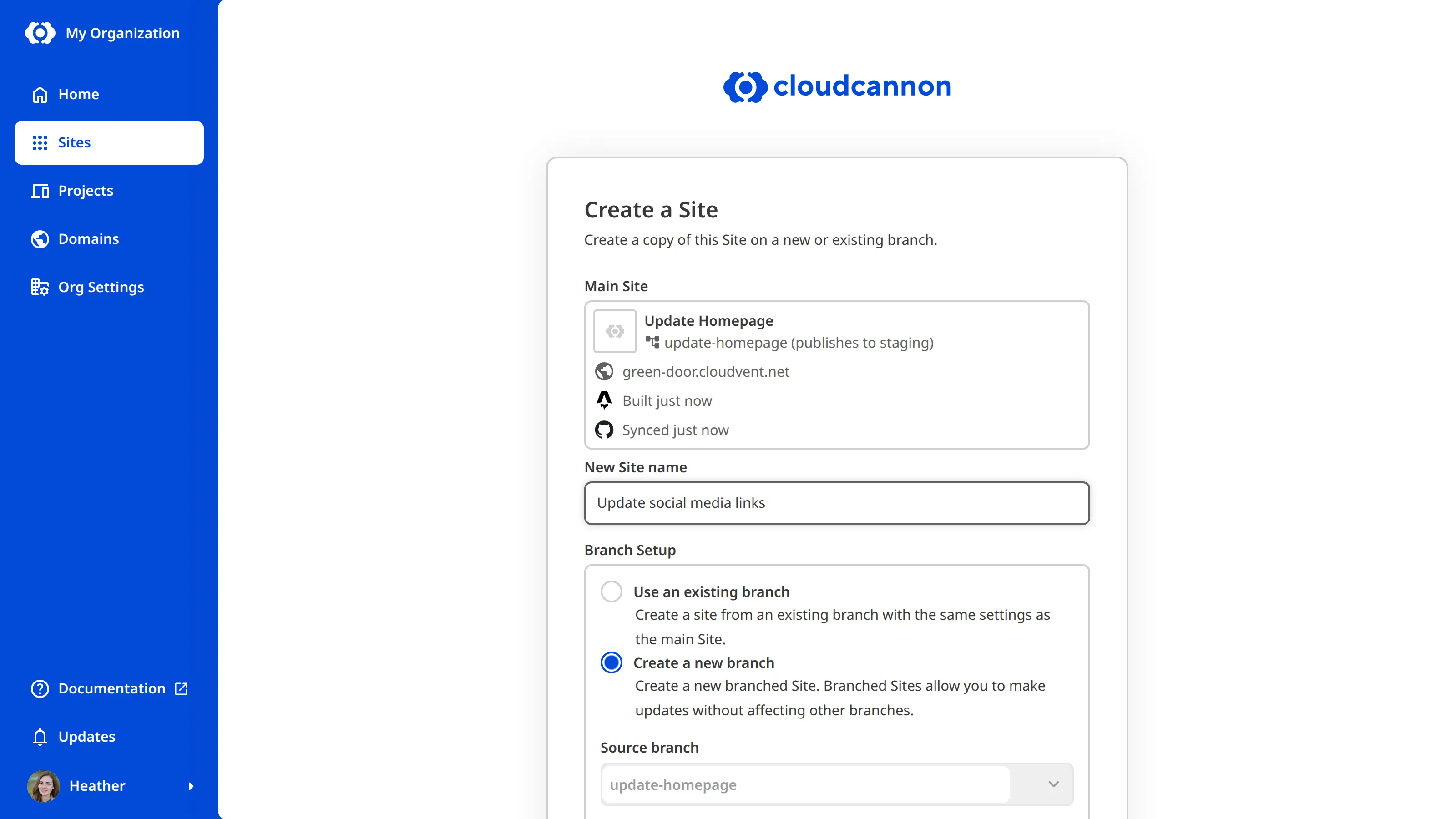 A screenshot of the Create a Site page within a Project, showing the branch setup with another branched Site selected as the source branch.