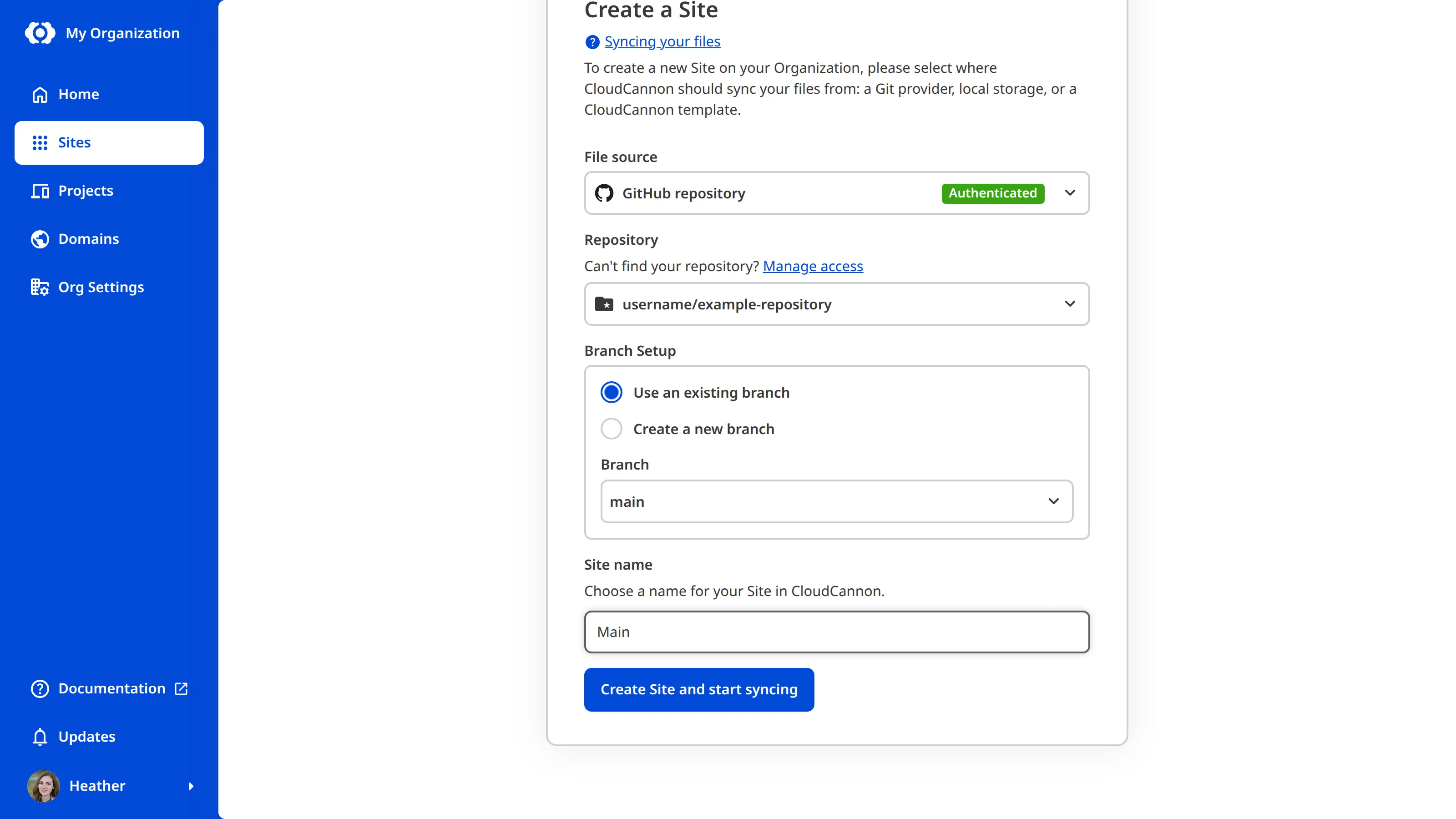 A screenshot of the Create a Site page within a Project, showing the repository, branch selection, and Site name fields.