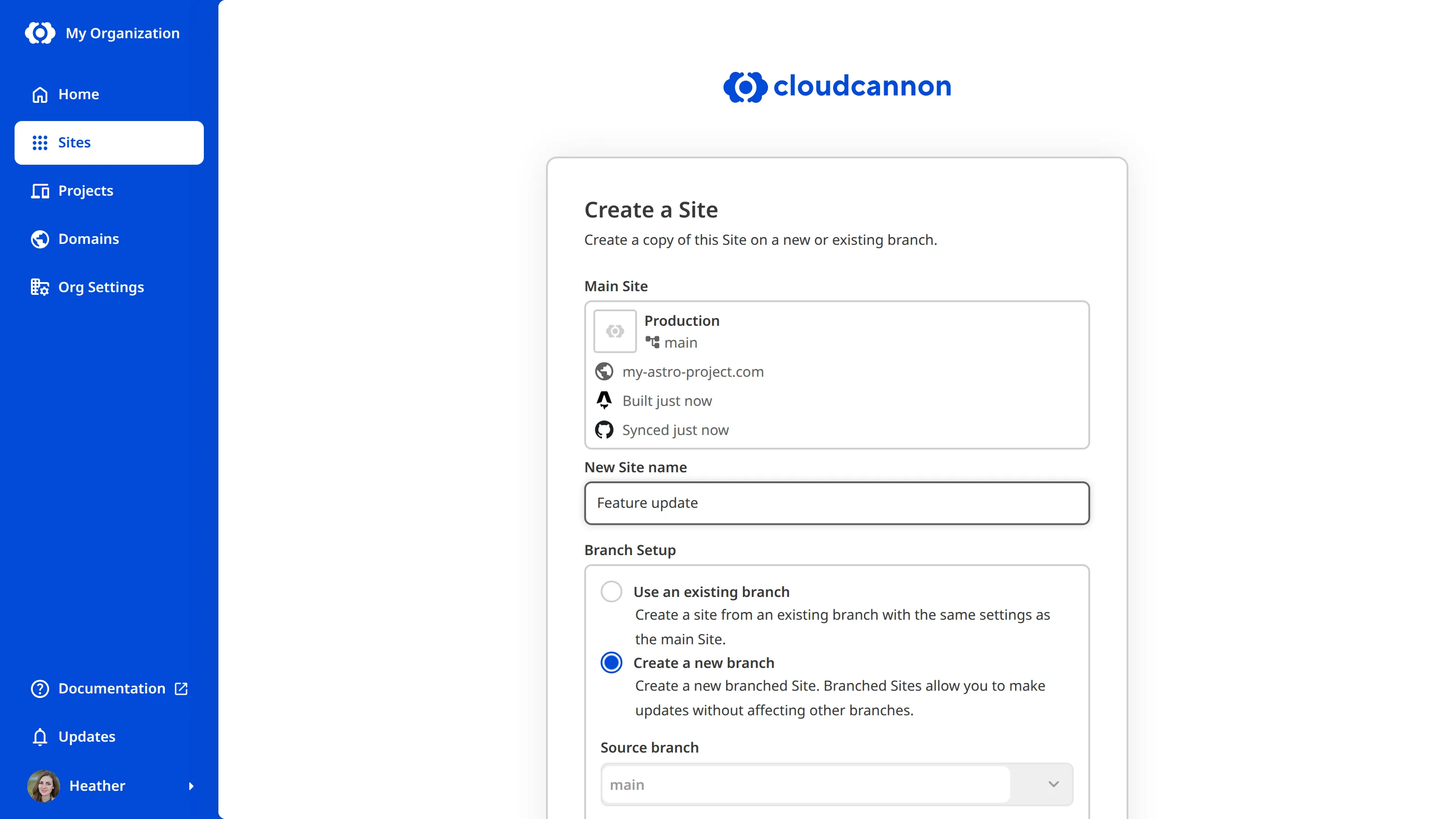 The Create a Site page A screenshot of the Create a Site page within a Project, showing the Source branch field set to the Project's Main Branch.
