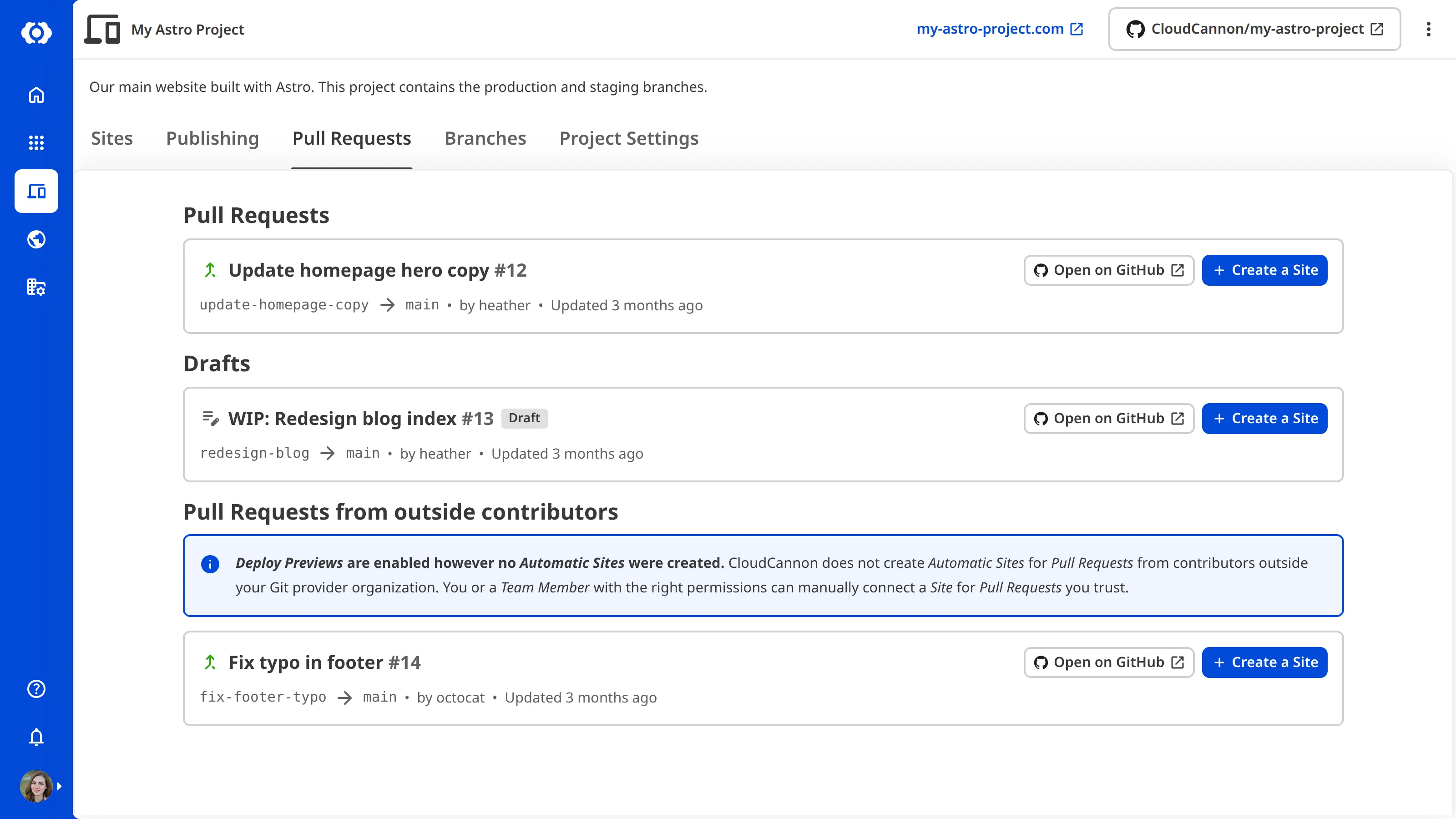 A screenshot of the Pull Requests tab showing the Pull Requests from outside contributors section with the info notice and a fork Pull Request.