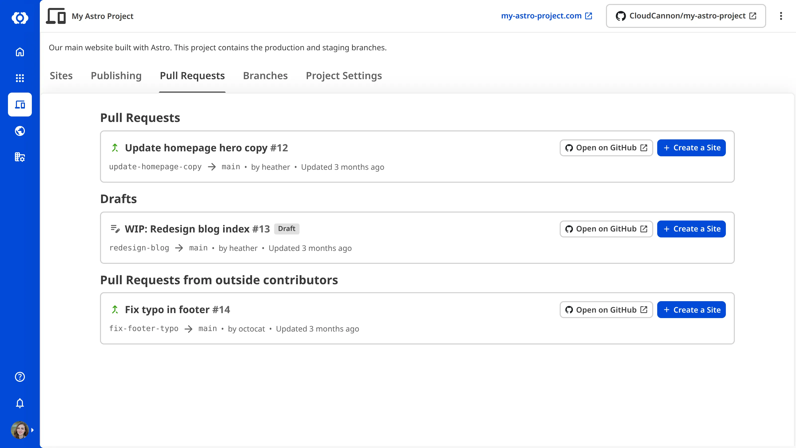 A screenshot of the Pull Requests tab in a Project listing open and draft Pull Requests, with the Sites connected to each one.