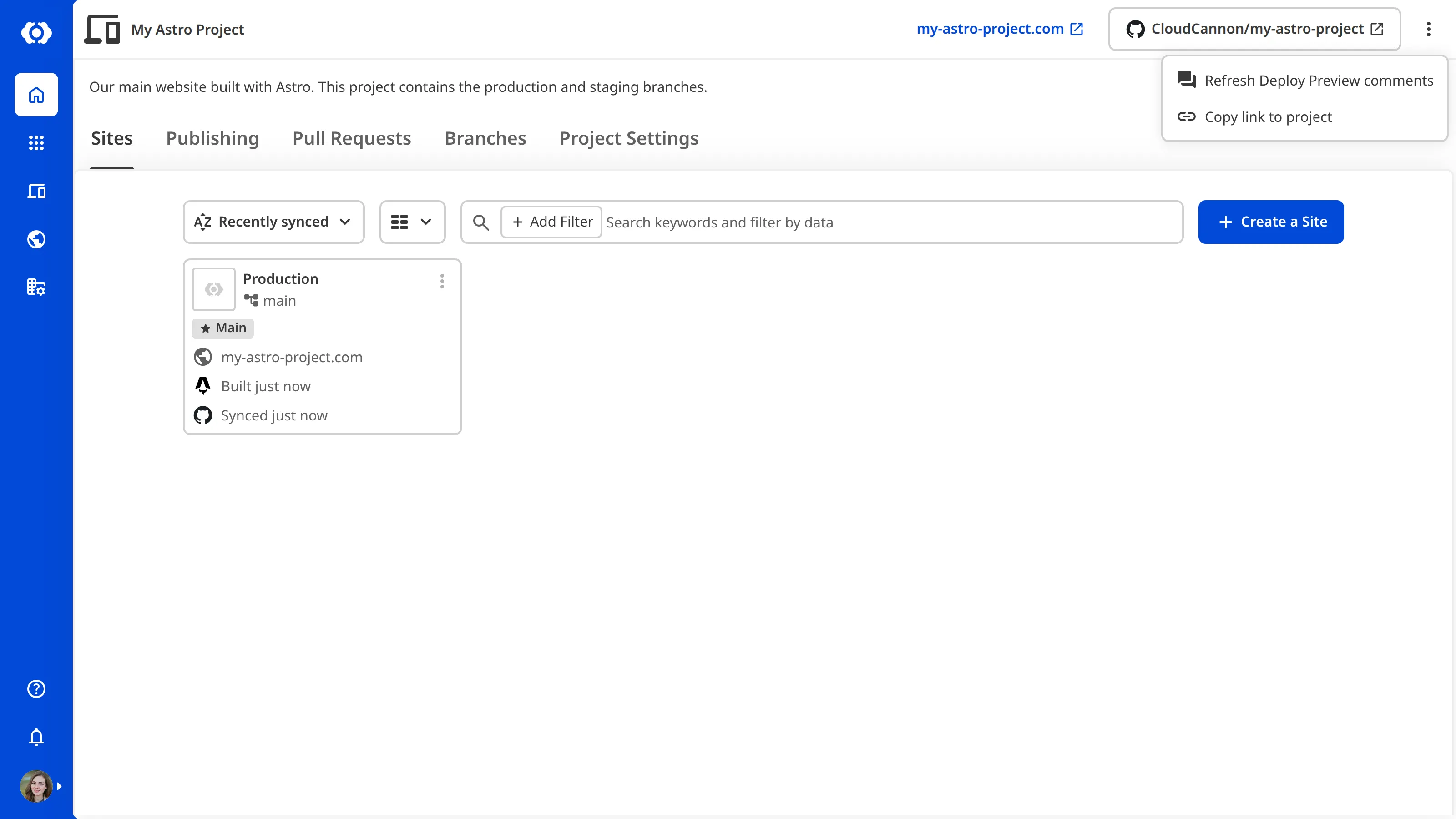 A screenshot of the Project page with the Context Menu open, showing Refresh Deploy Preview comments and Copy link to project options.