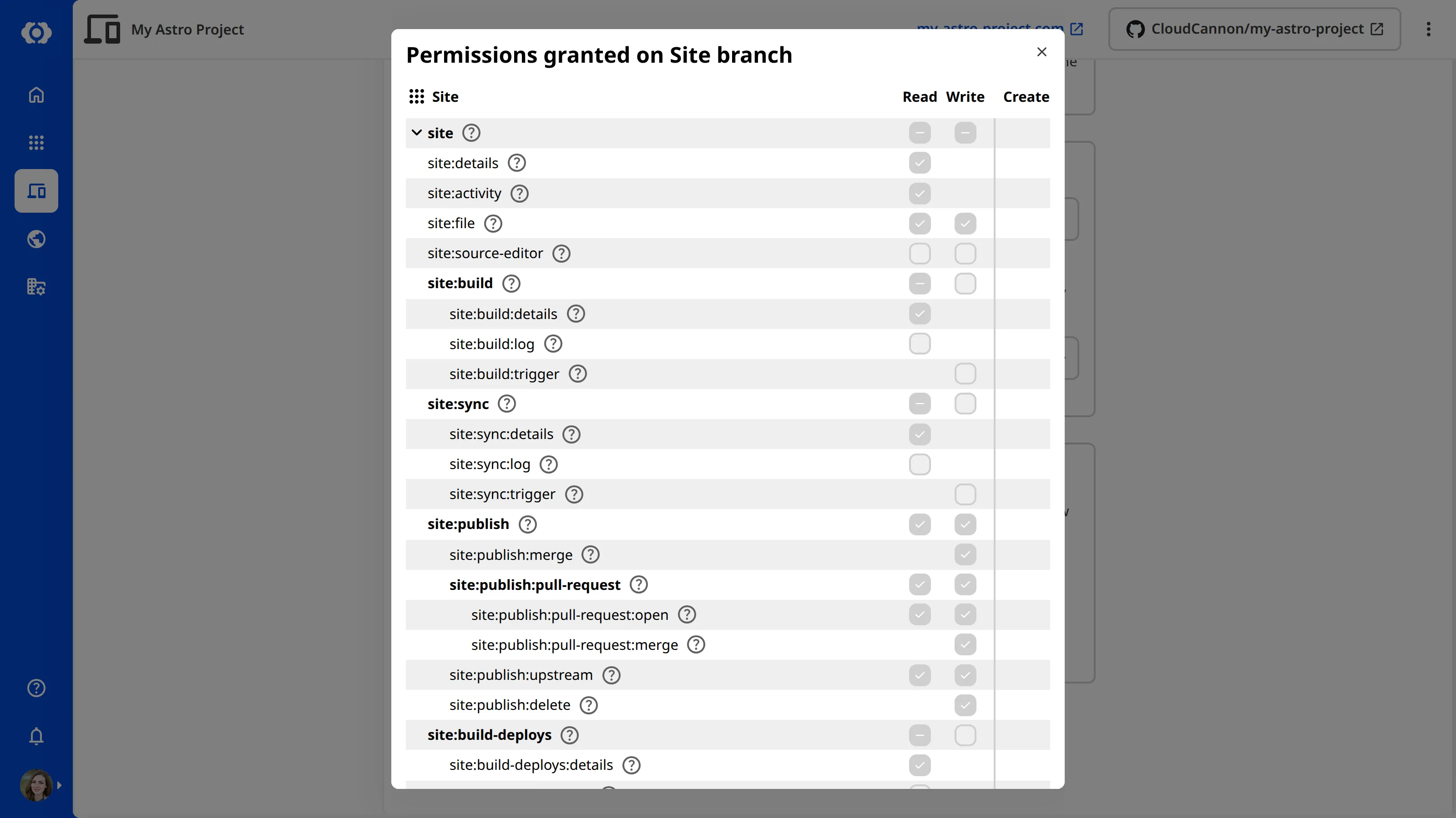 A screenshot of the Permissions granted on Site branch modal, showing the permission tree with Read, Write, and Create columns ticked for the Site permissions CloudCannon grants when a Team Member branches a Site.