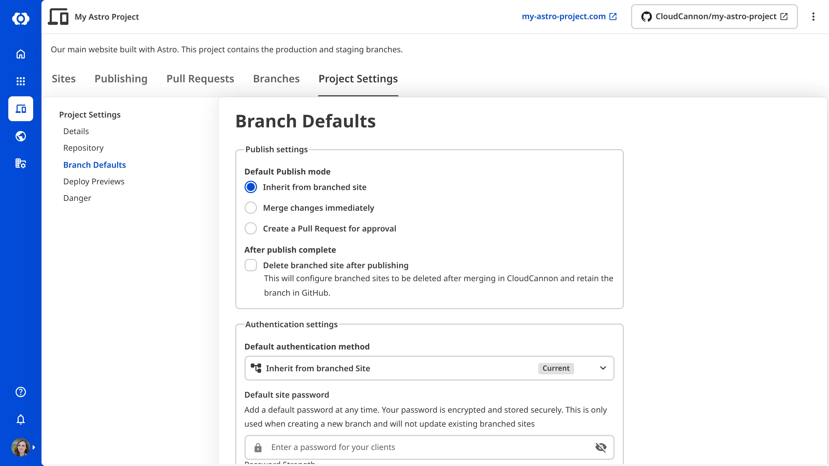 A screenshot of the Branch Defaults section in Project Settings, showing the Publish settings, Authentication settings, and Permission settings fieldsets.