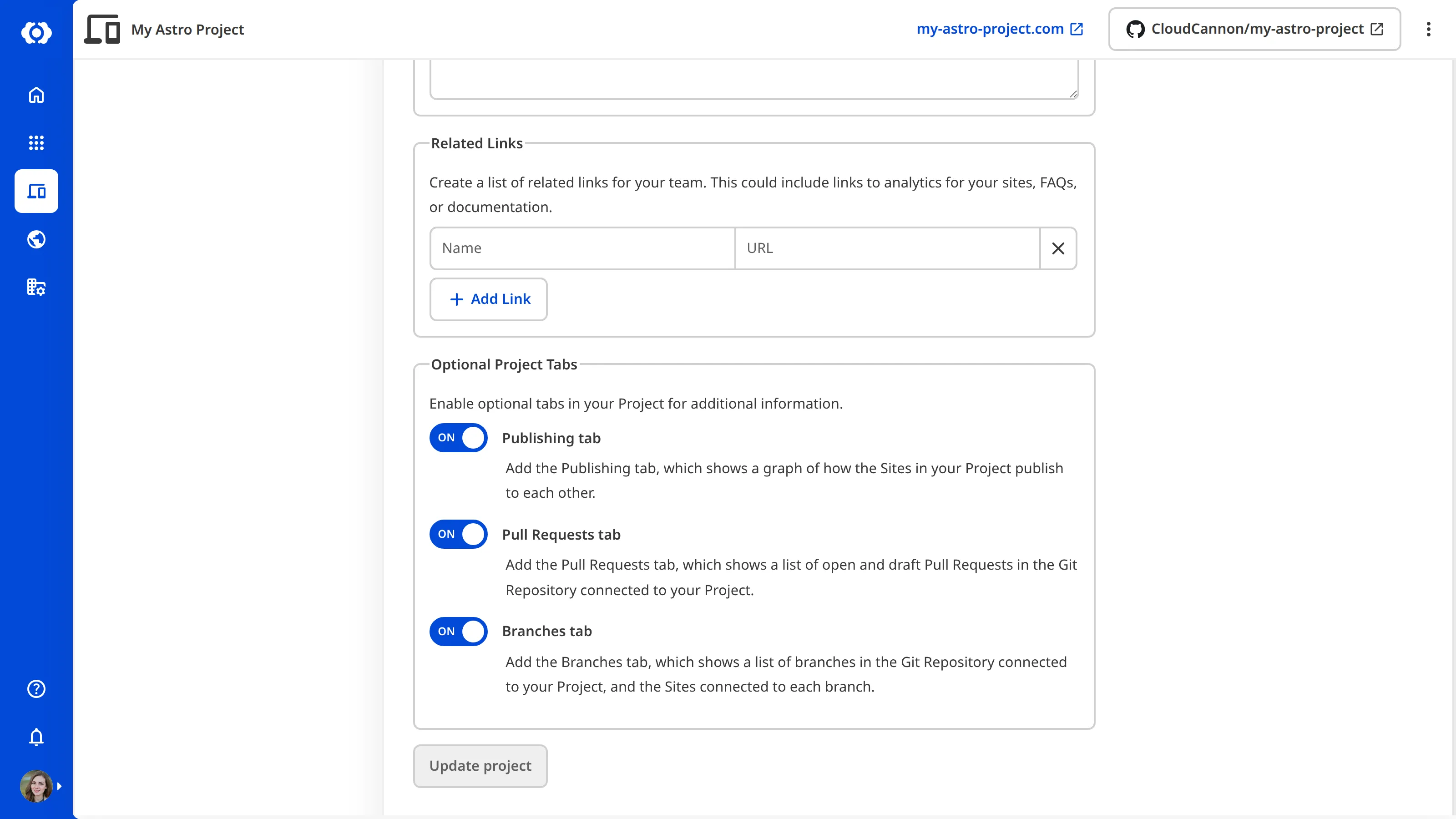 A screenshot of the Project Settings Details section scrolled to the Optional Project Tabs fieldset, showing toggles for the Publishing tab, Pull Requests tab, and Branches tab.