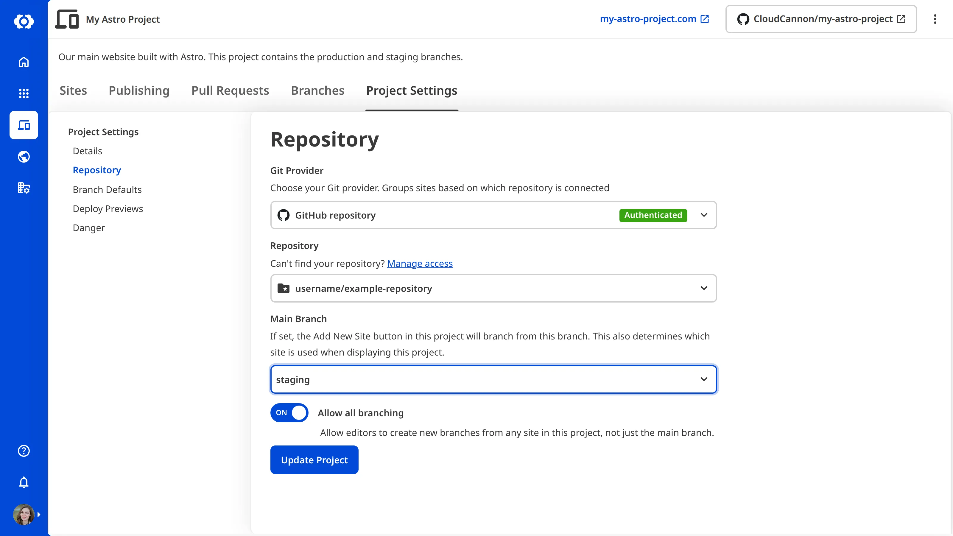 A screenshot of the Repository section in Project Settings after selecting a different branch from the Main Branch dropdown.