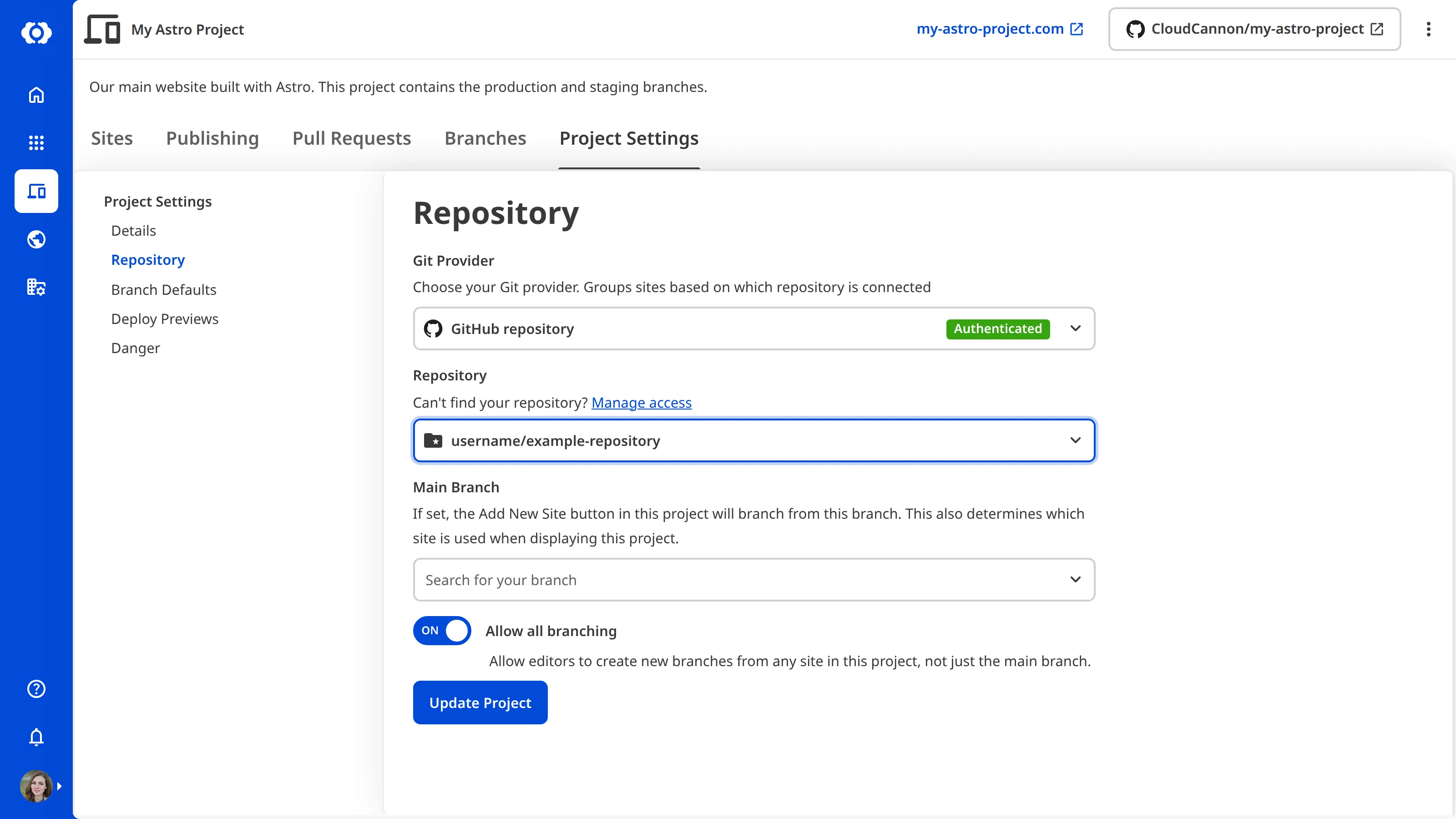 A screenshot of the Repository section in Project Settings, showing the Git Provider, Repository, Main Branch, and Allow all branching toggle.