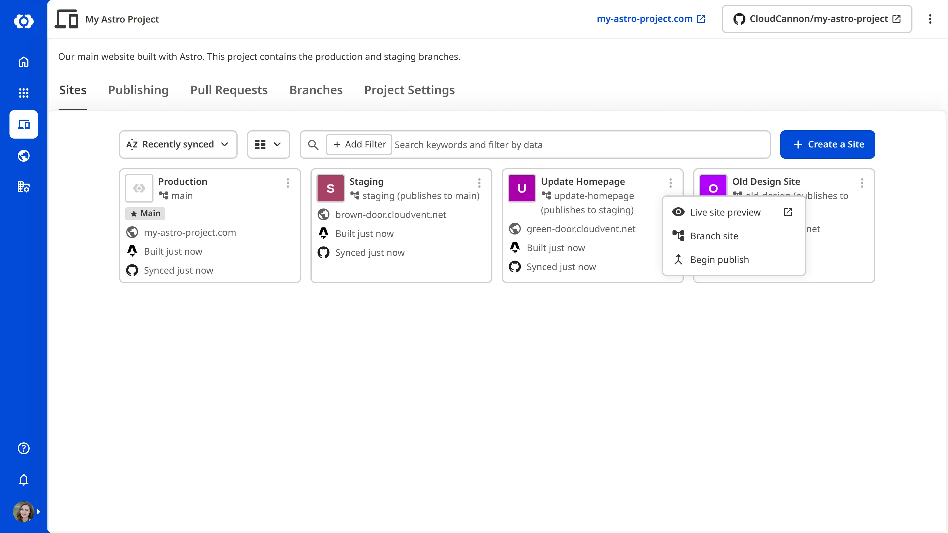 A screenshot of the Project Sites Browser showing the context menu open on a Site card, with the Branch Site option visible.