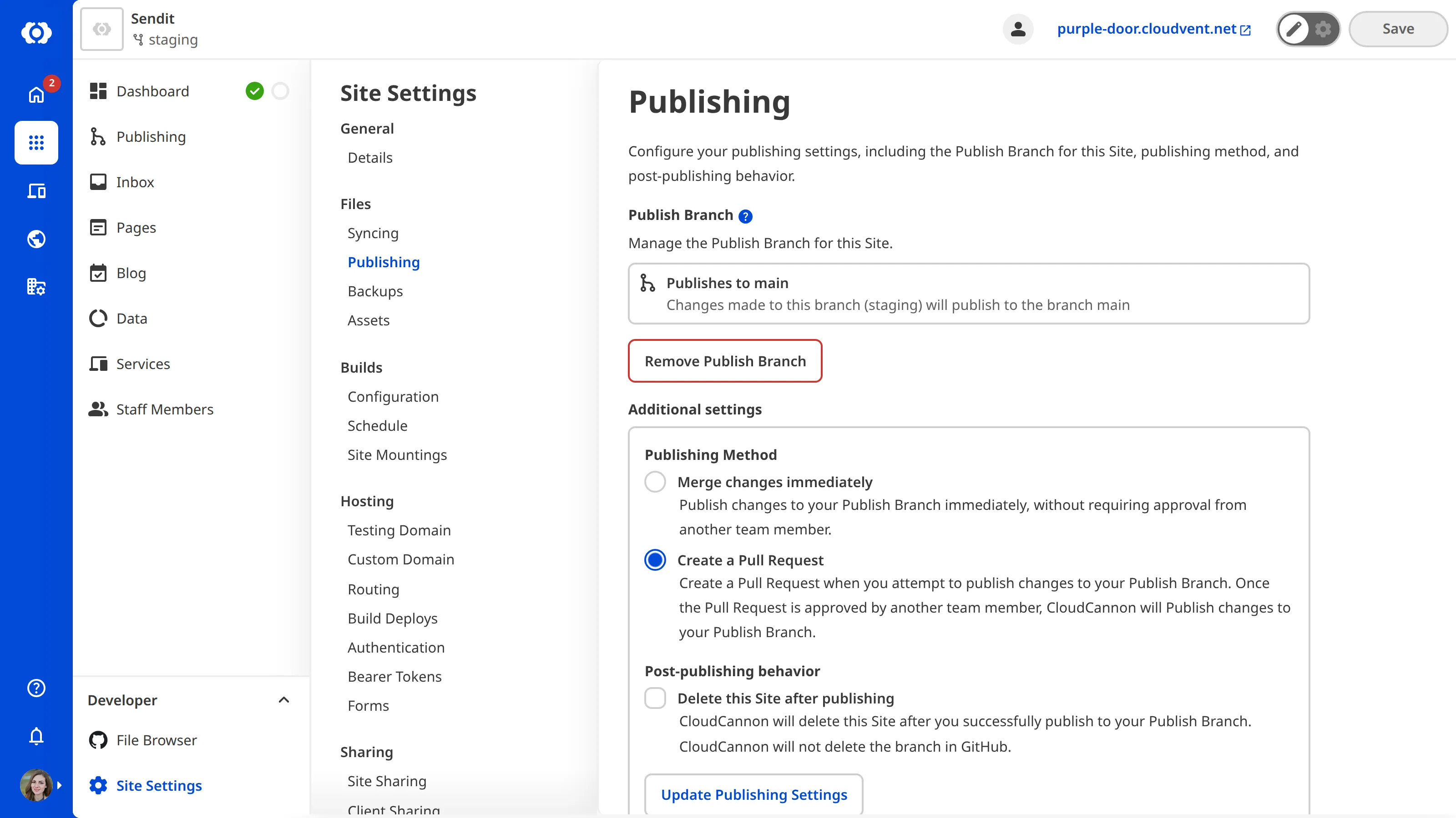 A screenshot of the Publishing page in Site Settings shows the Publishing Method options for Merge changes immediately and Create a Pull Request.