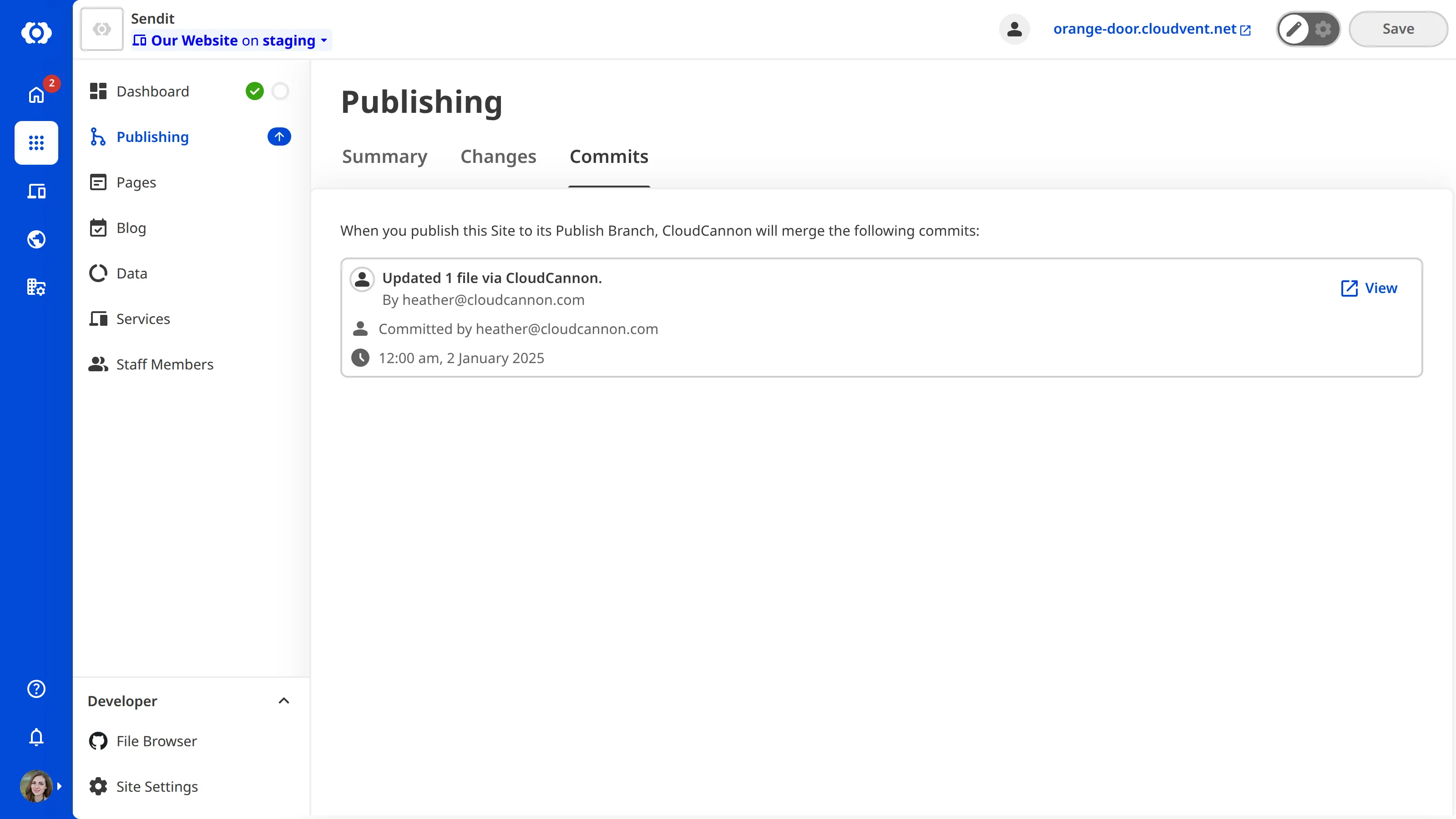 The Commits tab on the Publishing page A screenshot of the Publishing page Commits tab shows a list of commits made on the Site since the last publish, including author and timestamp.