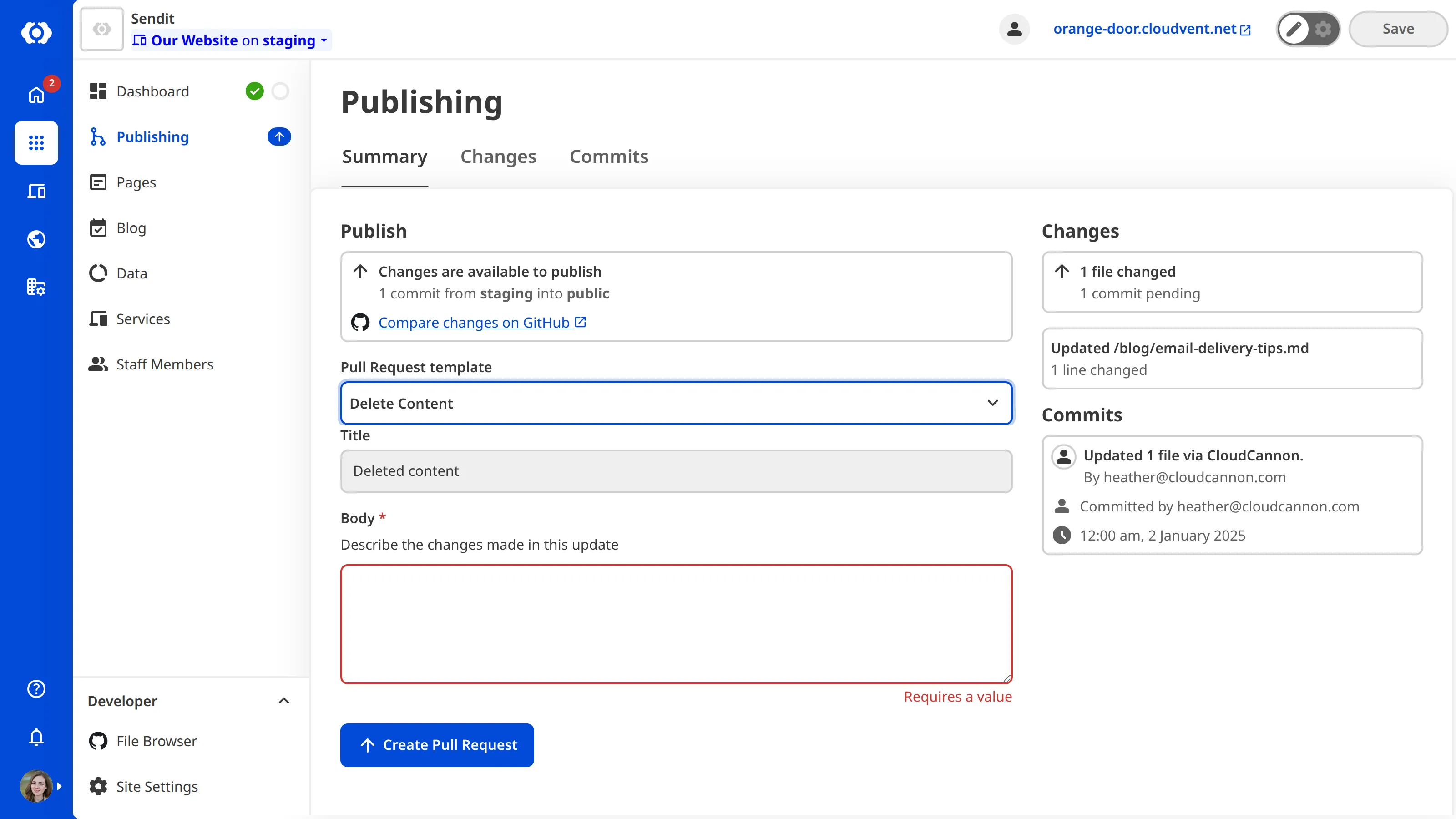 A screenshot of the Publishing page shows the Pull Request template dropdown for selecting a template.