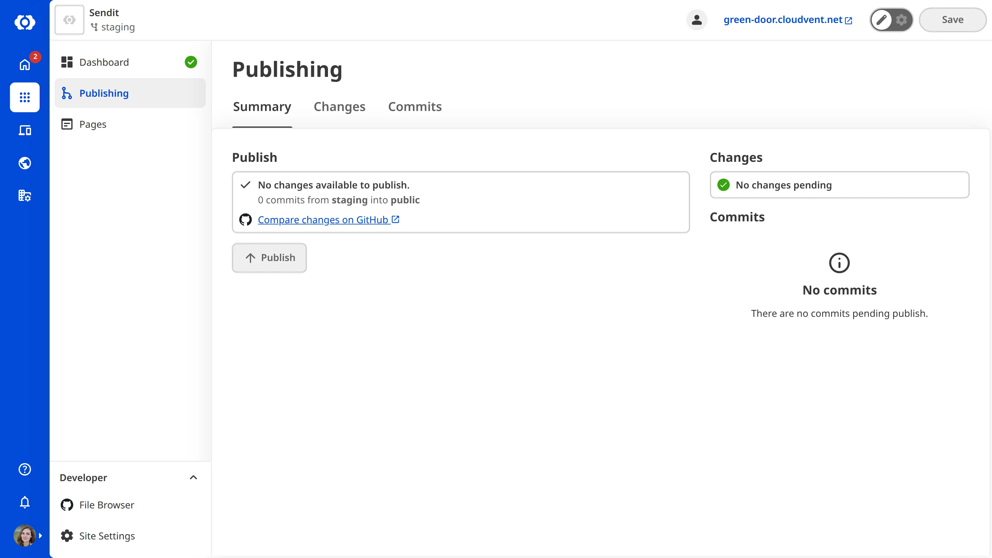 The Publishing page when there are no changes to publish A screenshot of the Publishing page shows the Summary tab with no commits ready to publish, indicating the Site is in sync with its Publish Branch.