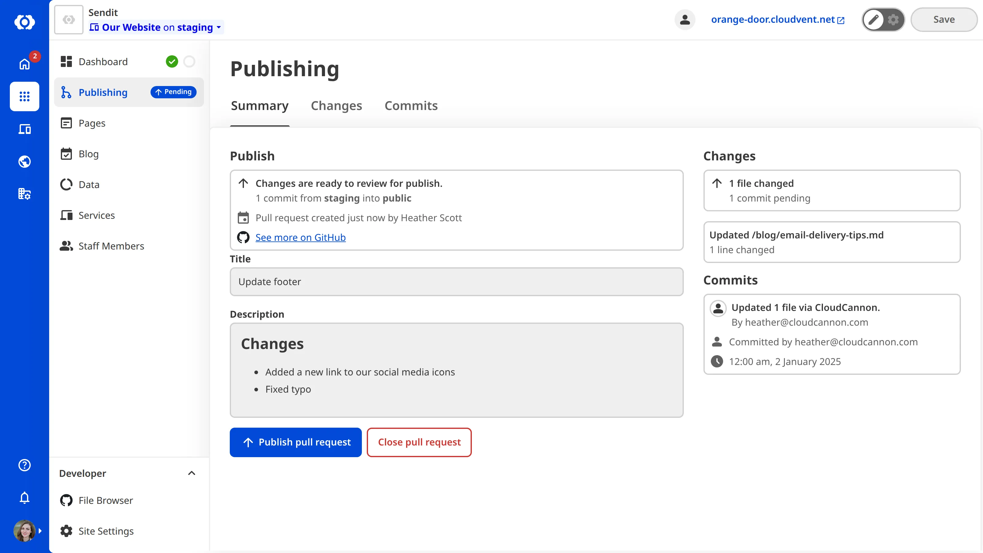 A screenshot of the Publishing page on a Site with an open Pull Request shows the Pull Request details and buttons to Publish or Close the Pull Request.