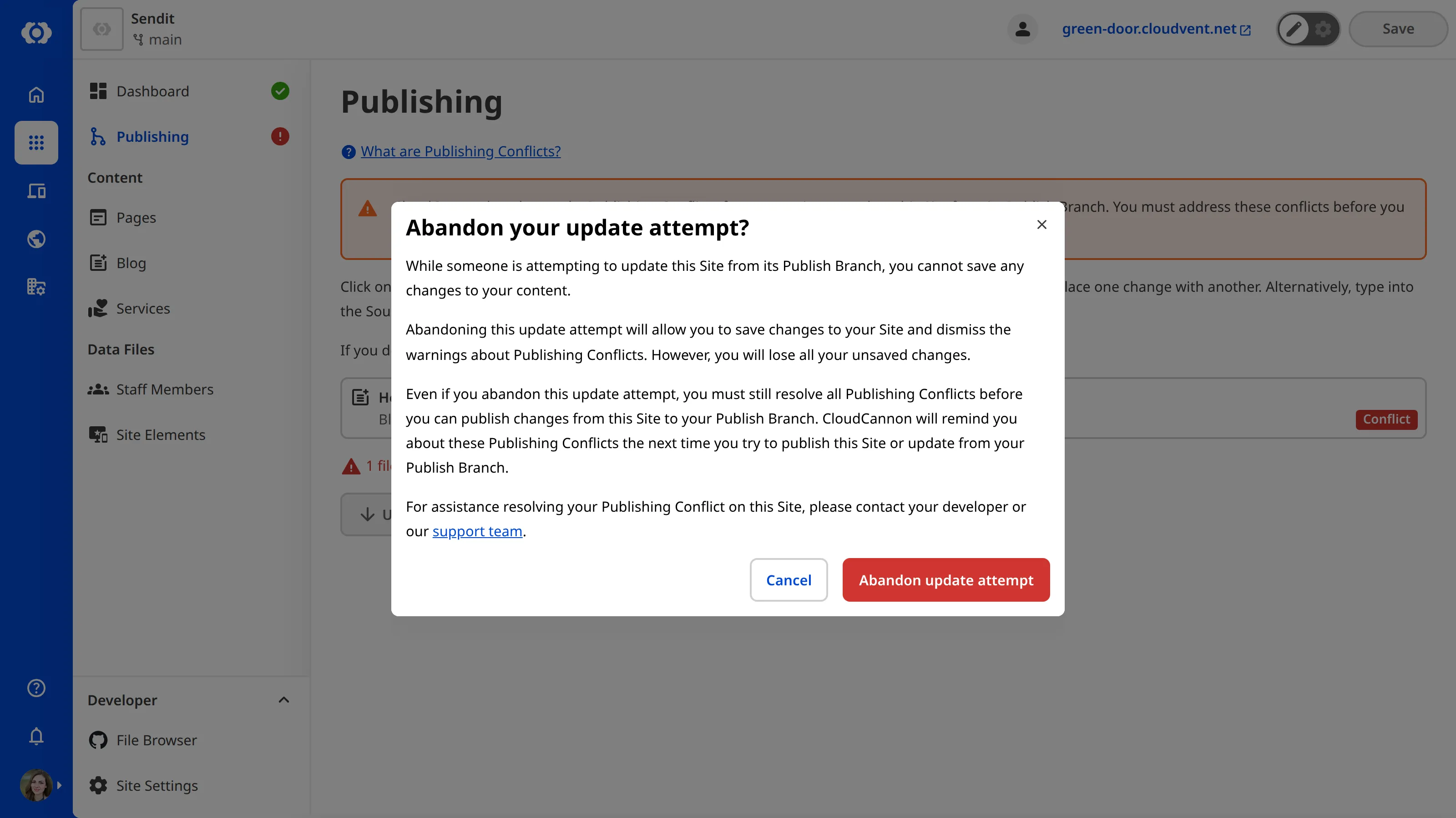 A screenshot of the Publishing page shows the Abandon your update attempt? modal and the Abandon update attempt button.