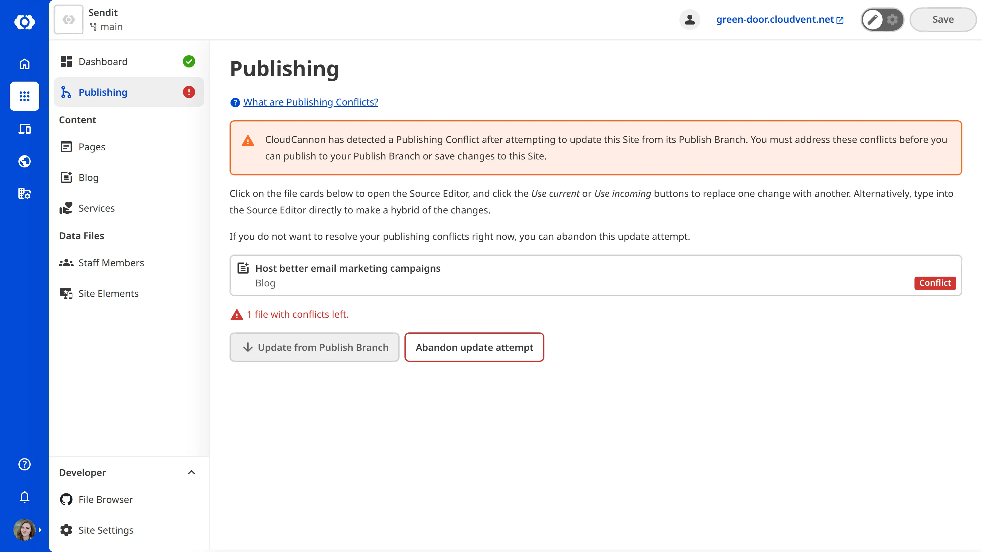 The Publishing page with a Publishing Conflict A screenshot of the Publishing page shows a Publishing Conflict card warning that file changes need to be resolved before publishing or updating.