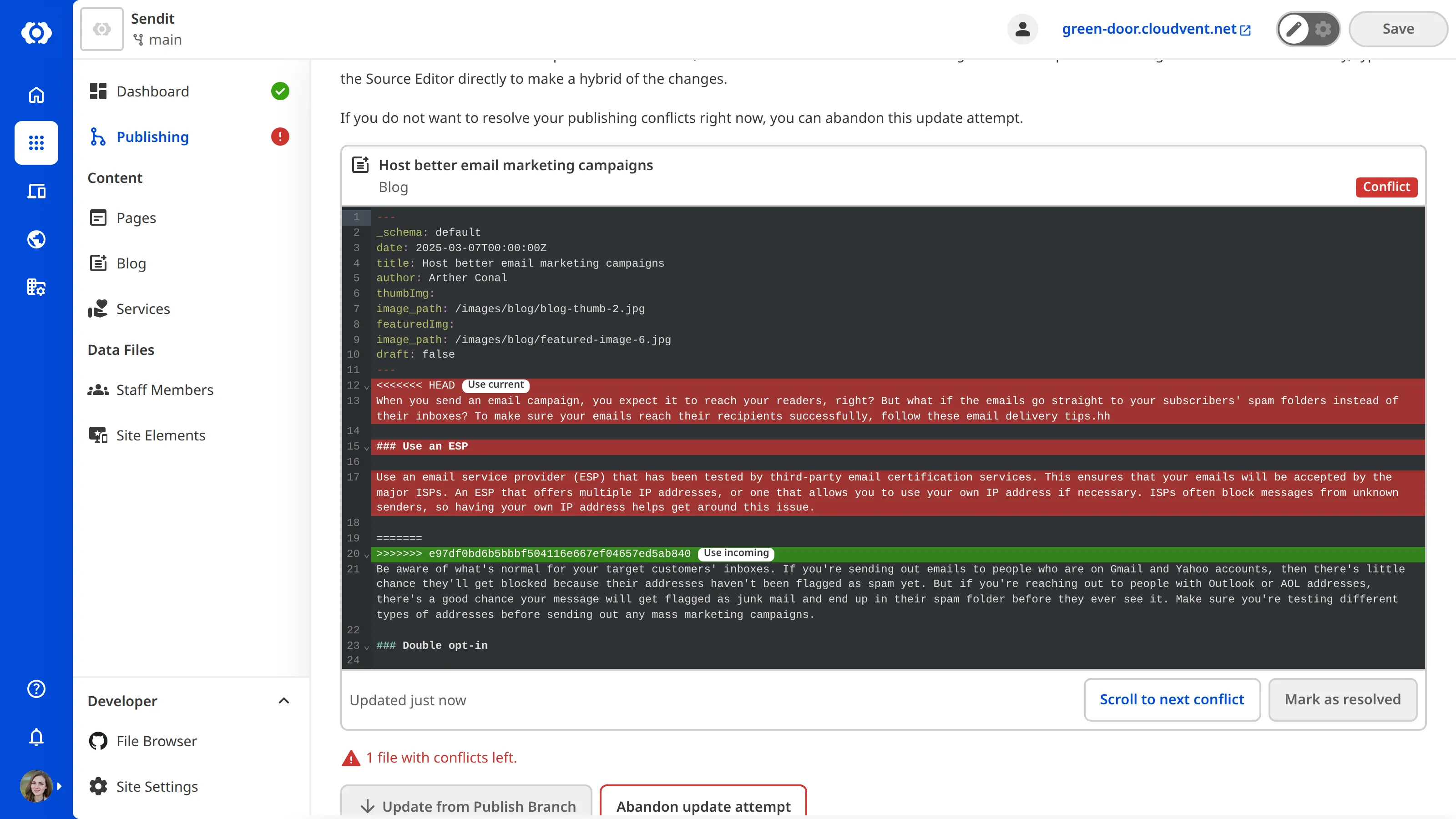 A screenshot of the Publishing page shows a conflicted file open in the Source Editor with current and incoming changes highlighted.