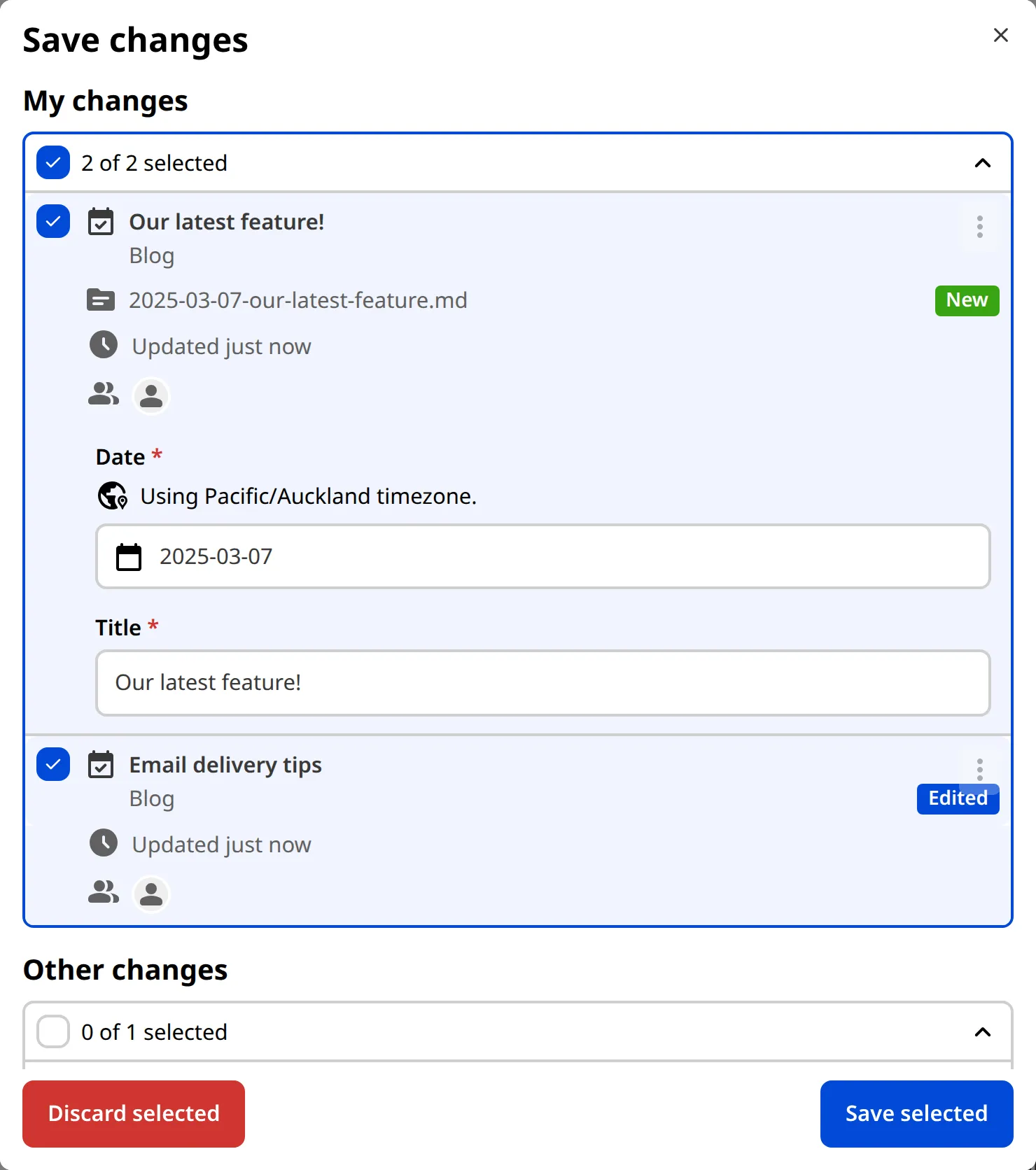 The Save Changes modal with required inputs to save the file The Save Changes modal with required inputs to save the file.