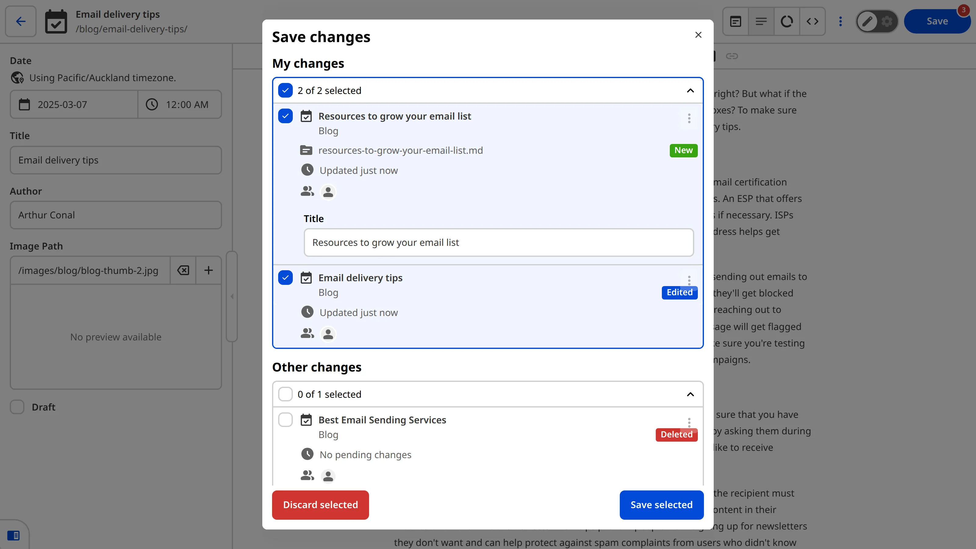 A screenshot of the Review changes modal shows all files with unsaved changes, organized into sections.