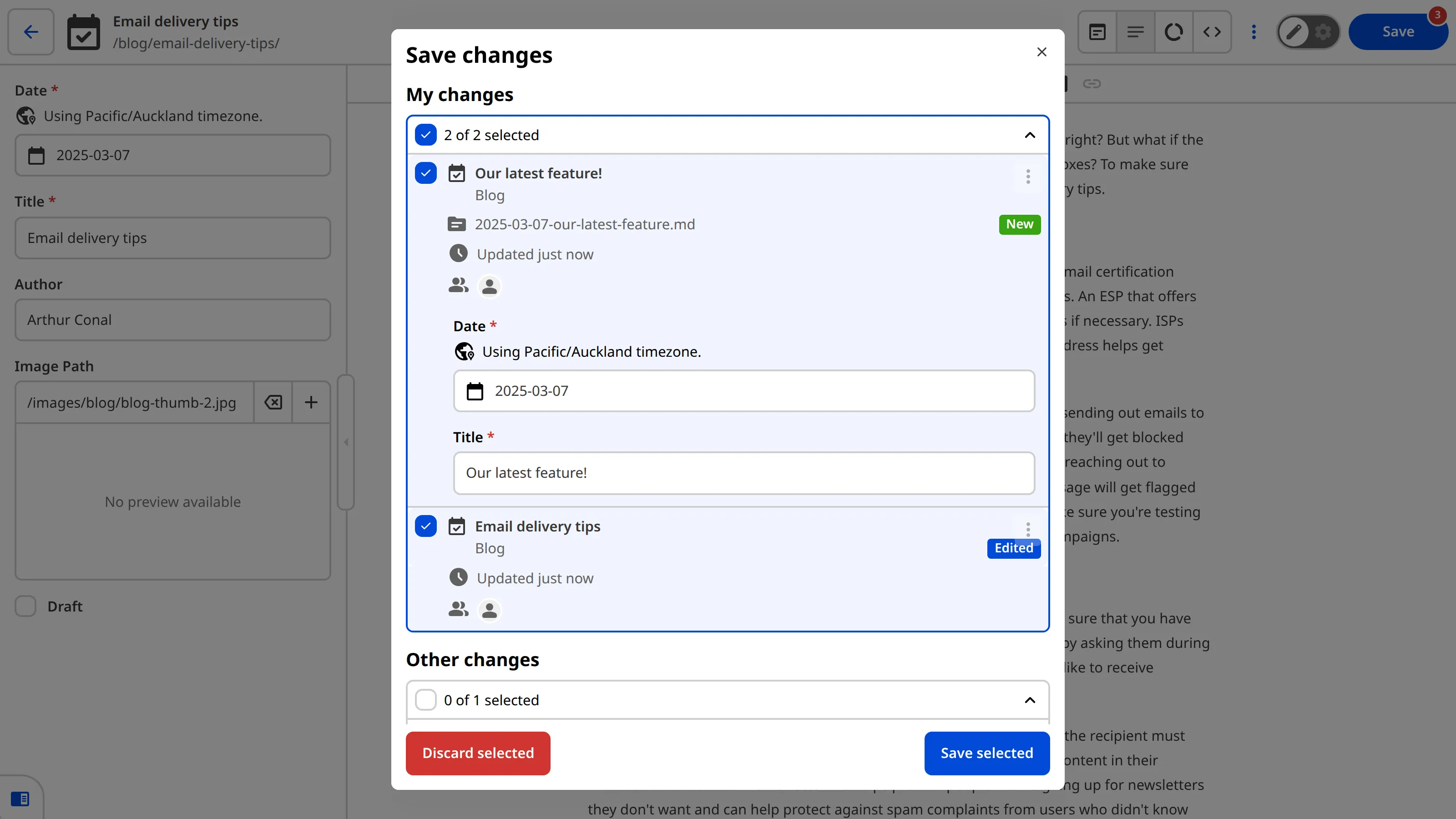 The save confirmation modal The save confirmation modal shows Date and Title inputs from the create path data placeholders.
