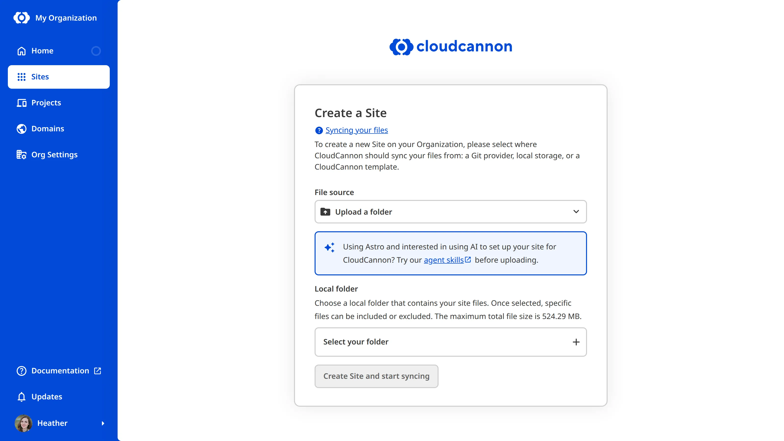 Sync step of creating a site to add your files