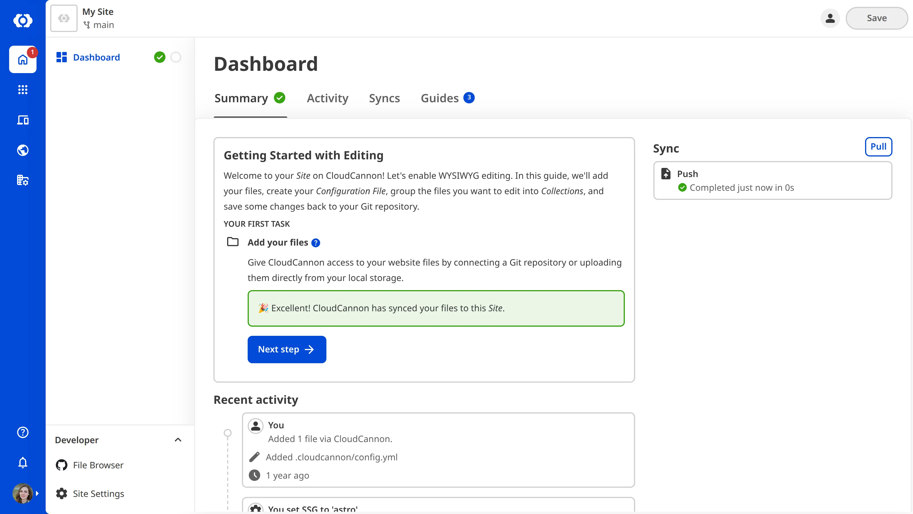 The Site Dashboard A screenshot of the Site Dashboard shows the Getting Started with Editing guide with a task to Add your Files.