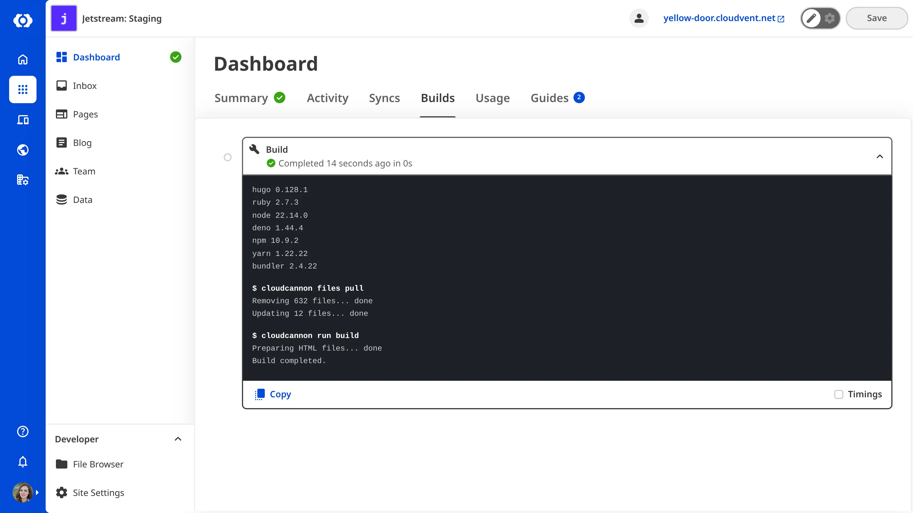 A screenshot of the Site Dashboard Builds tab shows that the first build of a Site is running.