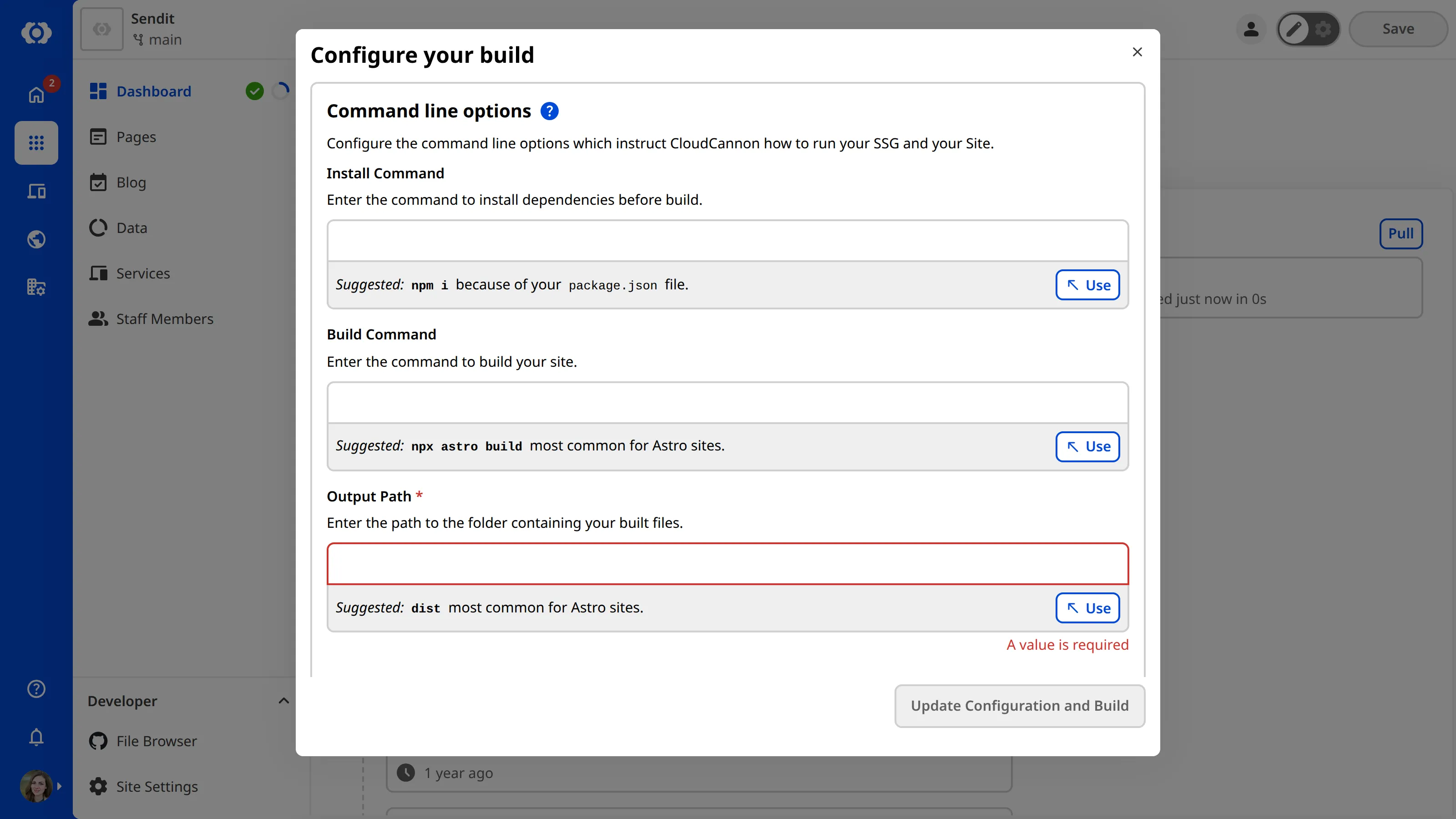 The Configure your build modal A screenshot of the Configure your build modal shows gray boxes containing CloudCannon's suggestions for your command line options.