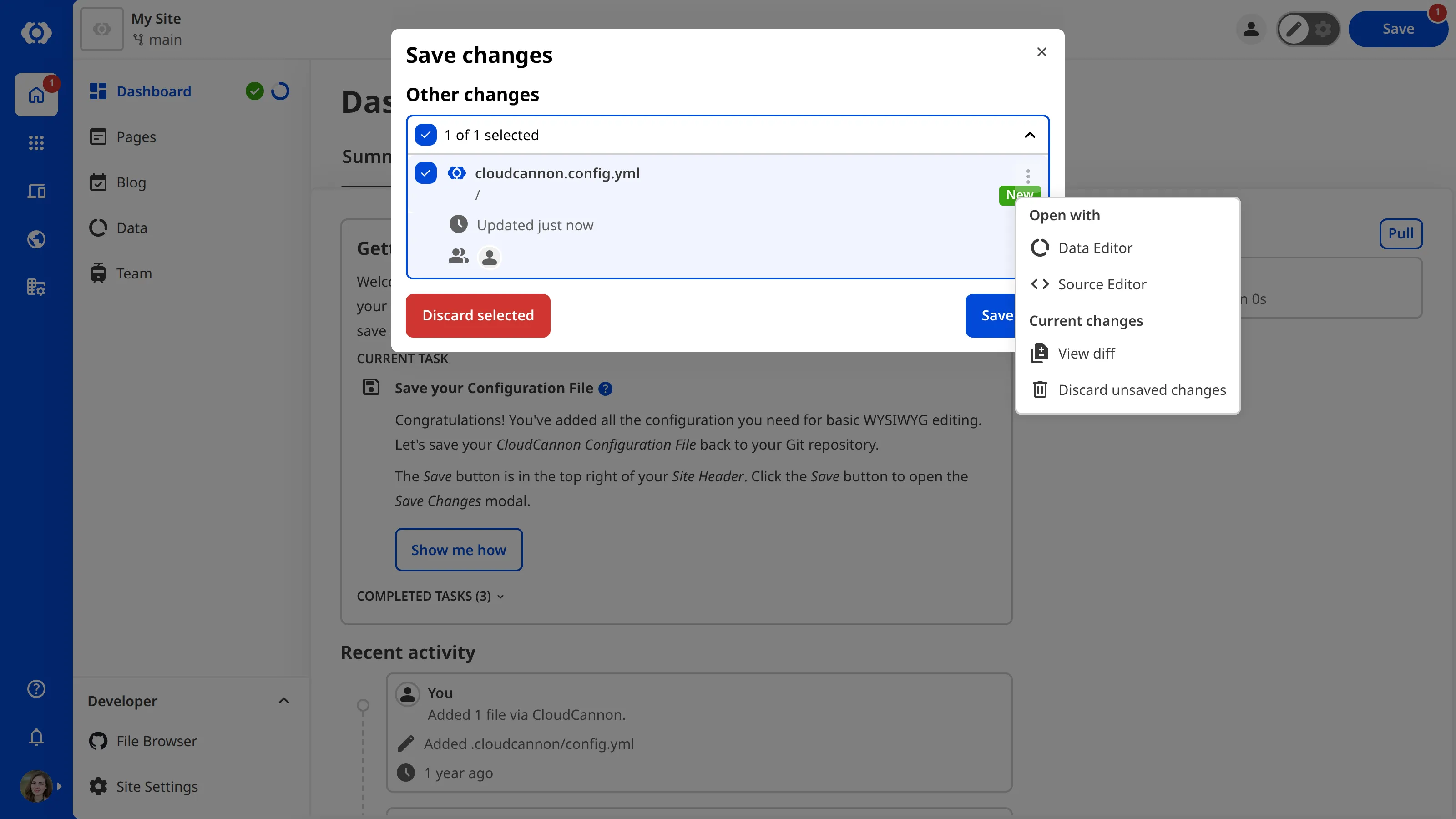 The Save Changes modal A screenshot of the Save Changes modal shows unsaved changes from multiple people and an open Context Menu with file actions.