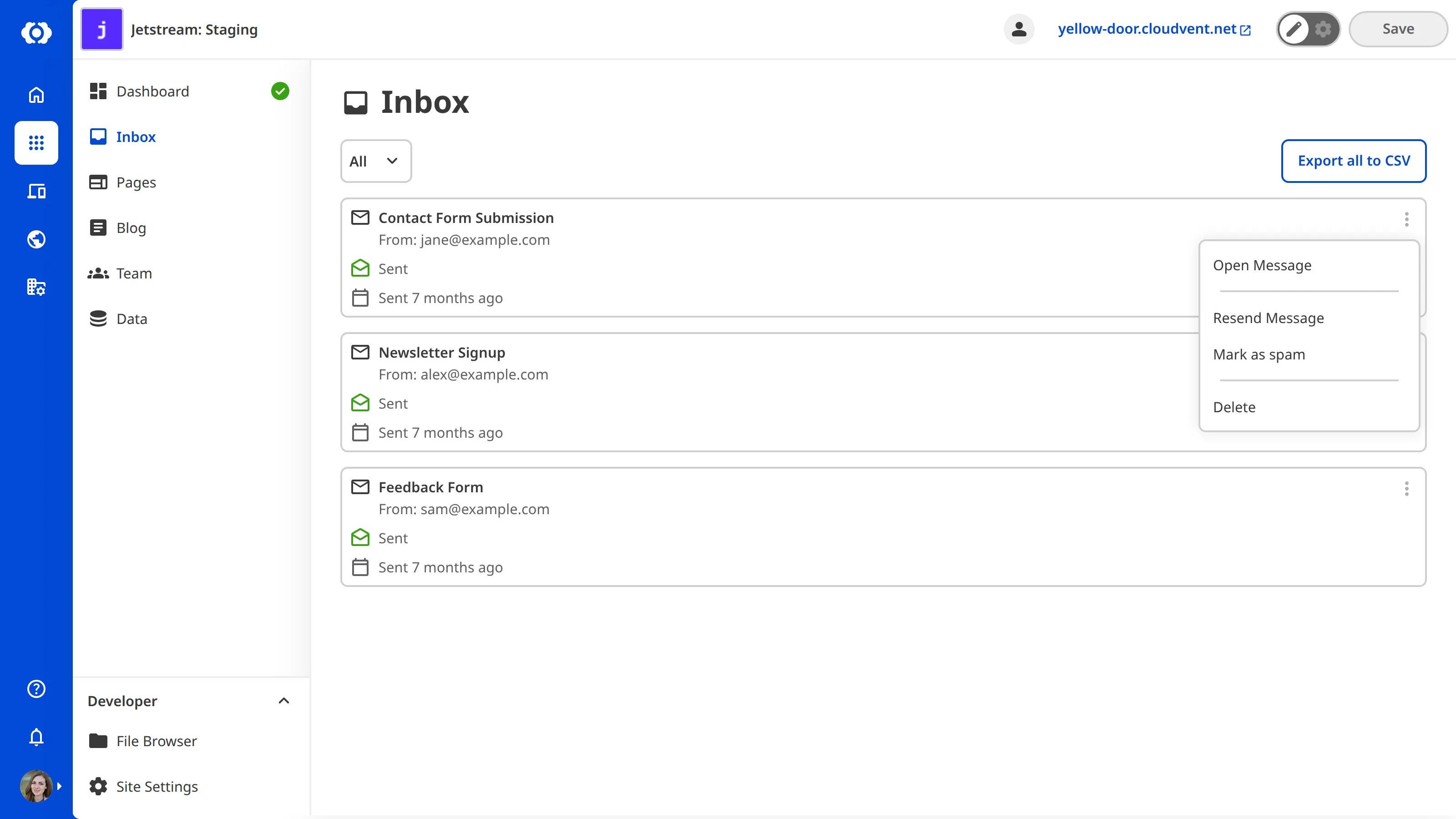 A screenshot of the Inbox shows a context menu open on a submission, providing options to manage the submission.