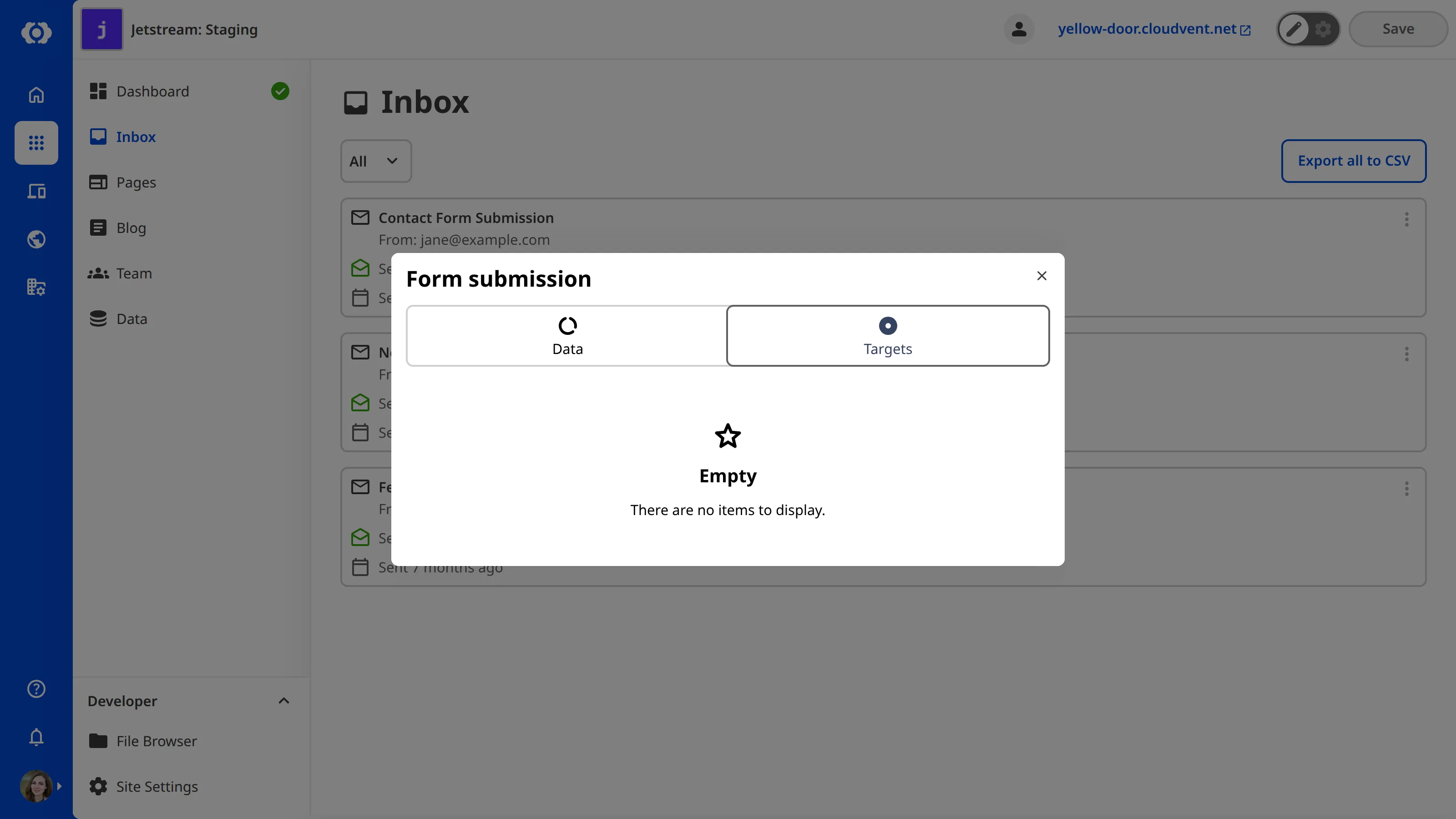 A screenshot of the submission details modal shows the form data, including the sender, subject, and submitted fields.