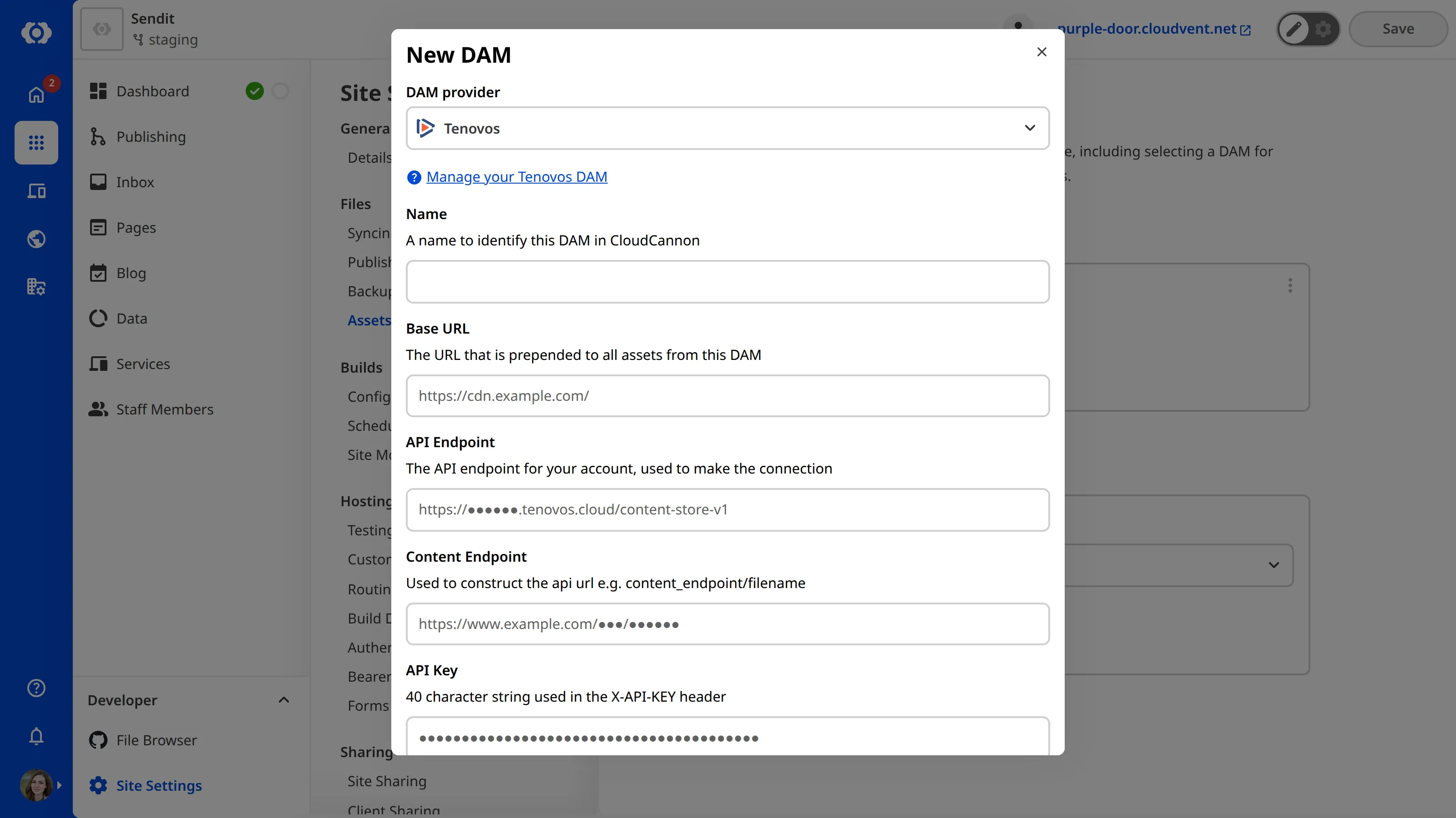 The New DAM modal with Tenovos selected as the DAM provider, showing fields for Name, Base URL, API Endpoint, Content Endpoint, API Key, Client ID, Username, and Password.