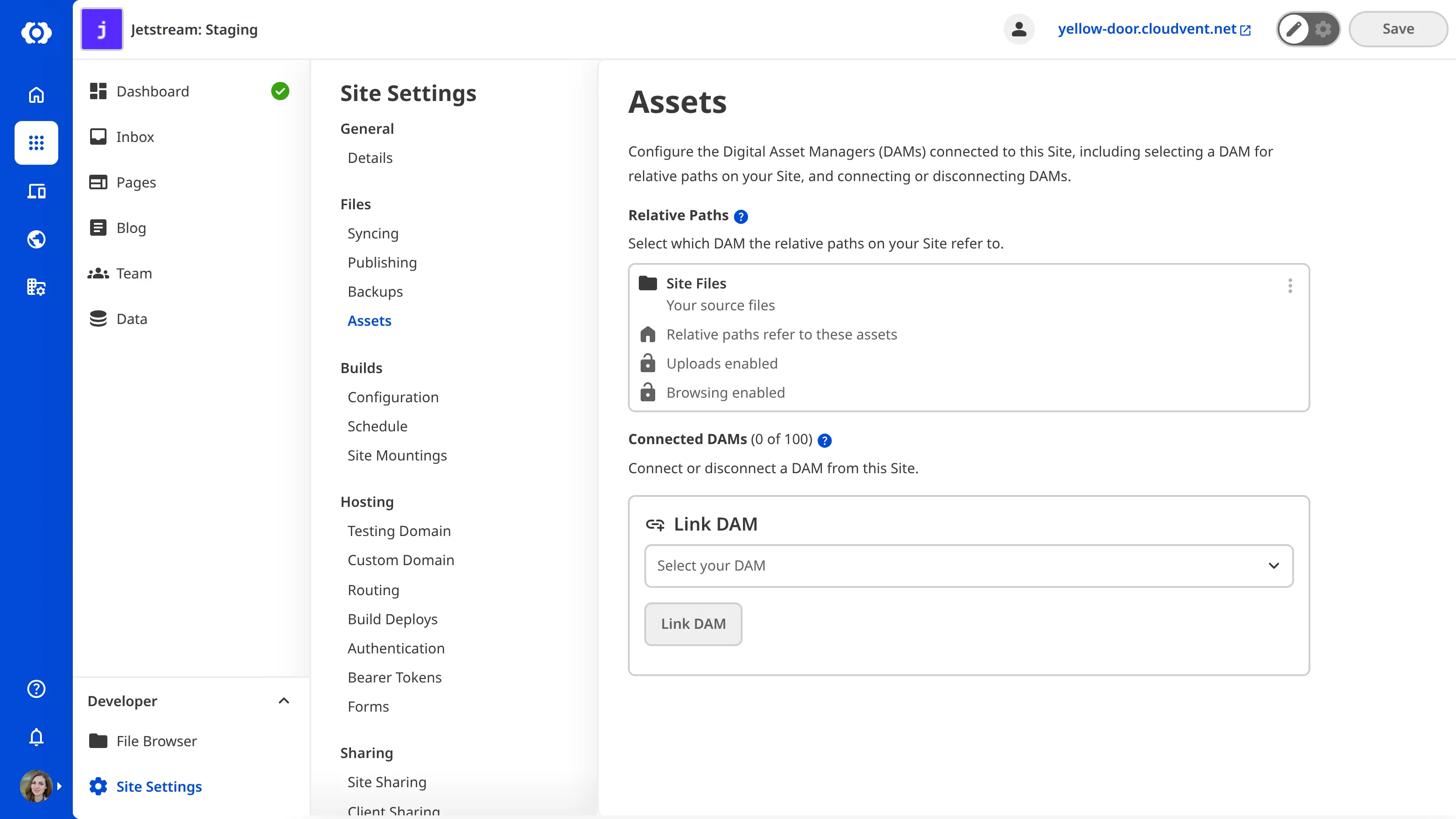Screenshot of DAMs linked to a site in CloudCannon