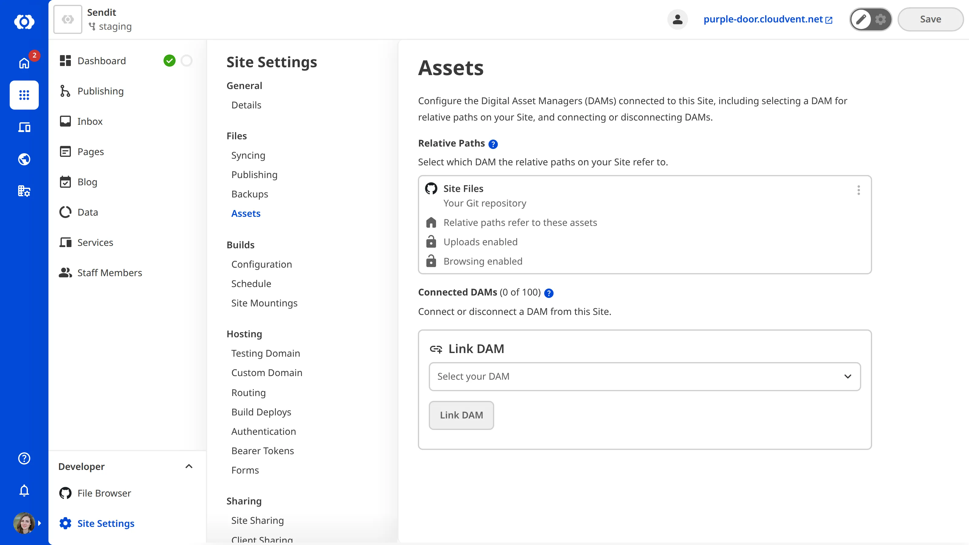 The Site Settings Assets page, showing options to link a DAM to your site.