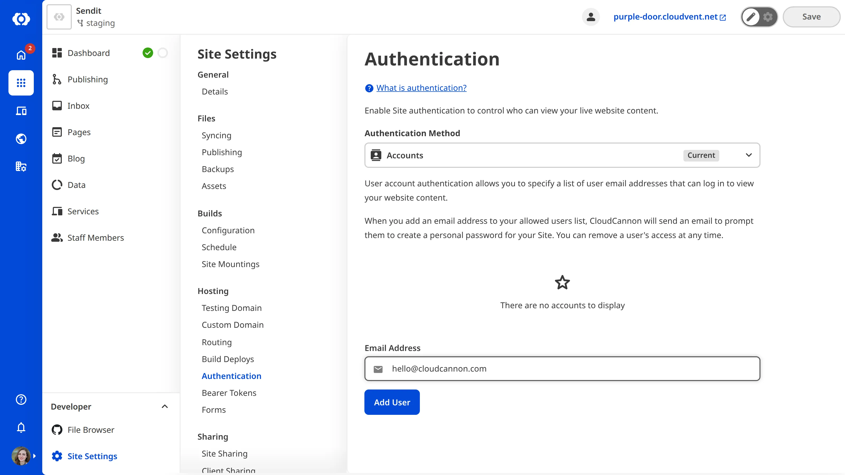 The Authentication Page A screenshot of the Authentication page shows a text field where you can enter the email address of the person you want to invite.