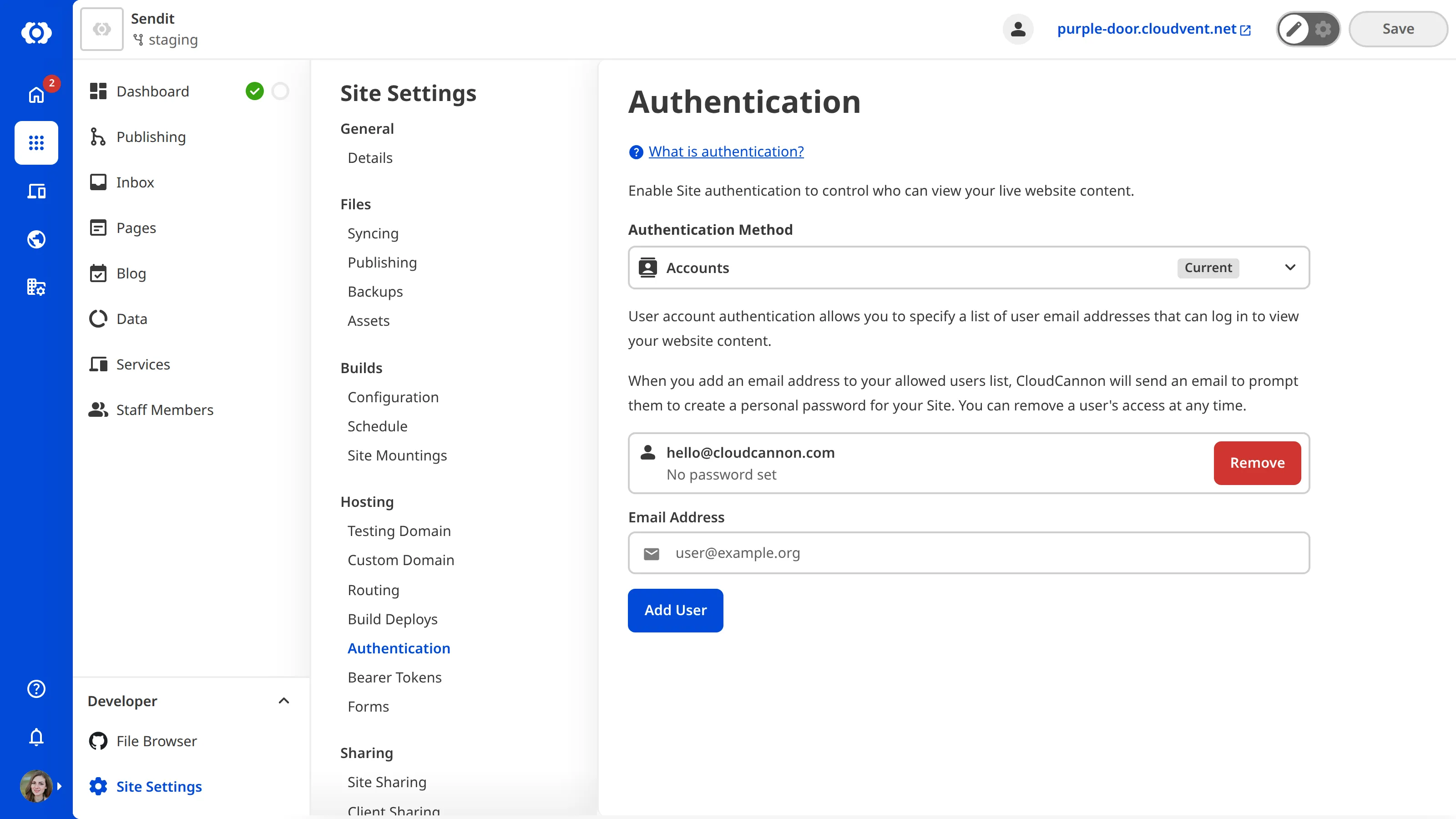 The Authentication Page A screenshot of the Authentication page shows a card for each user you have invited to your Site.