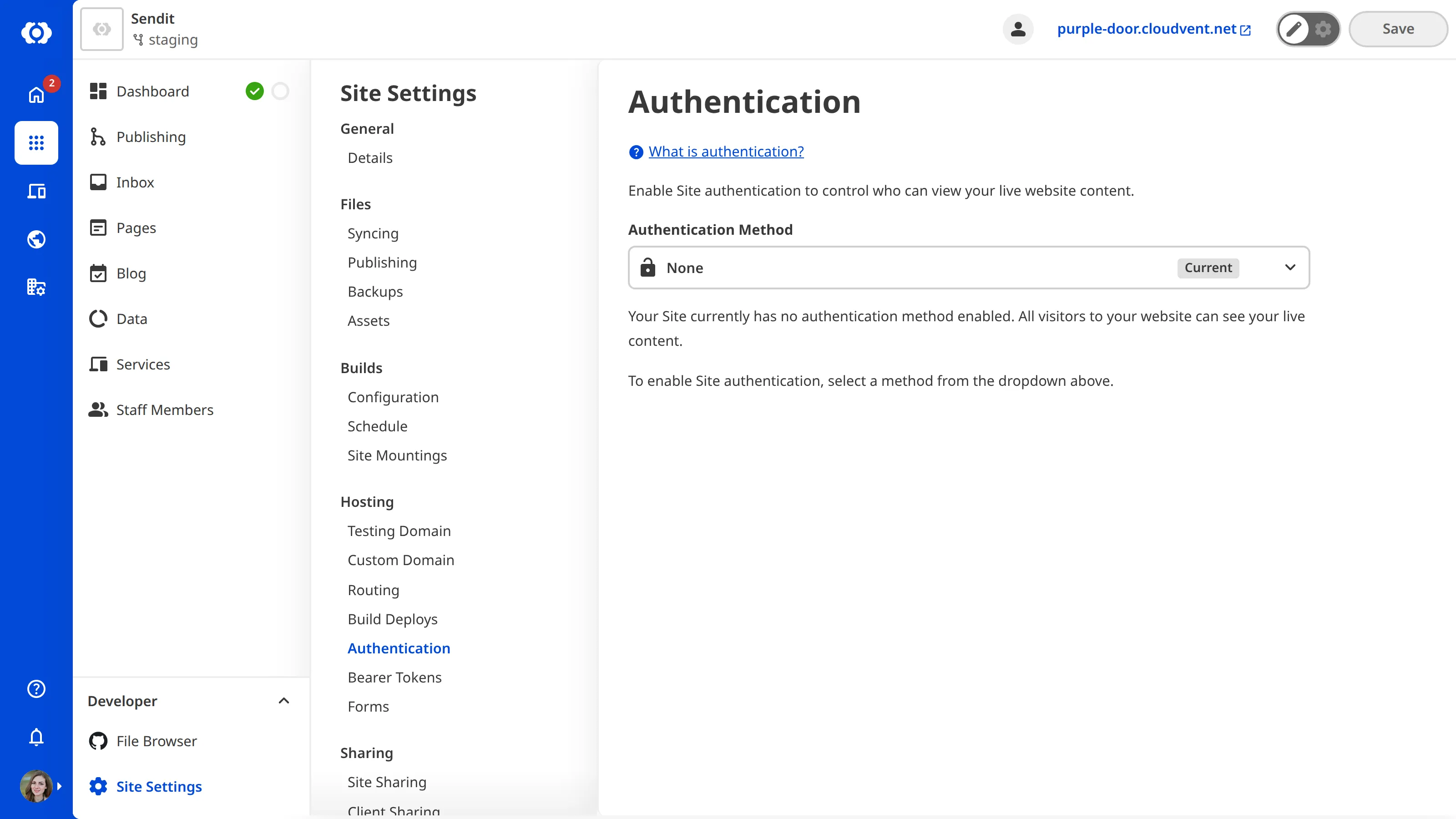 A screenshot of the Authentication page under Site Settings shows that no authentication method has been selected for this site.