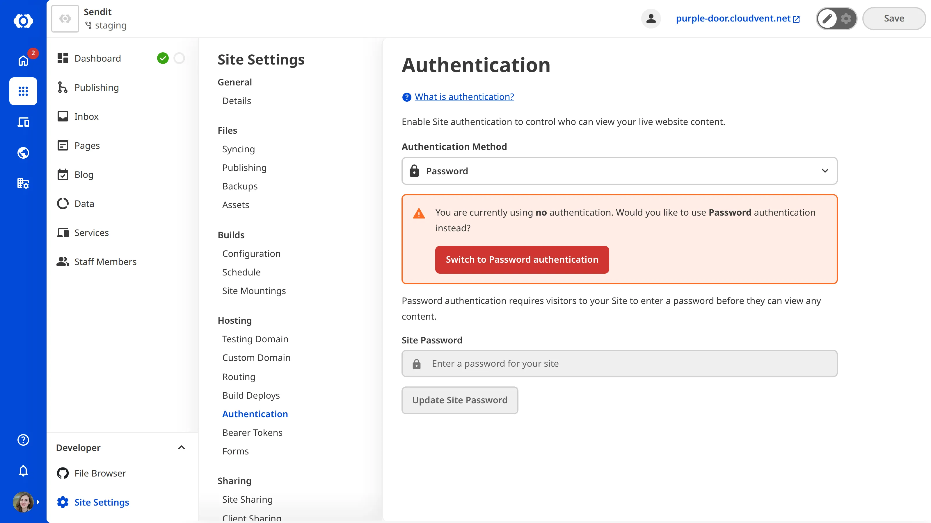 The Authentication Page A screenshot of the Authentication page shows the Switch to Password authentication button.