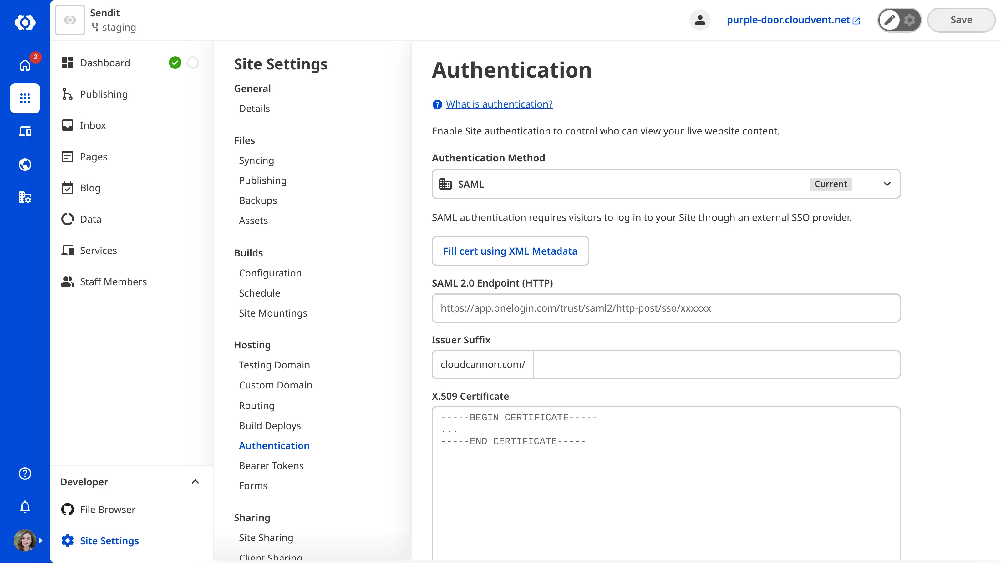 A screenshot of the Authentication page shows fields for SAML 2.0 Endpoint (HTTP), Issuer Suffix , and X.509 Certificate.
