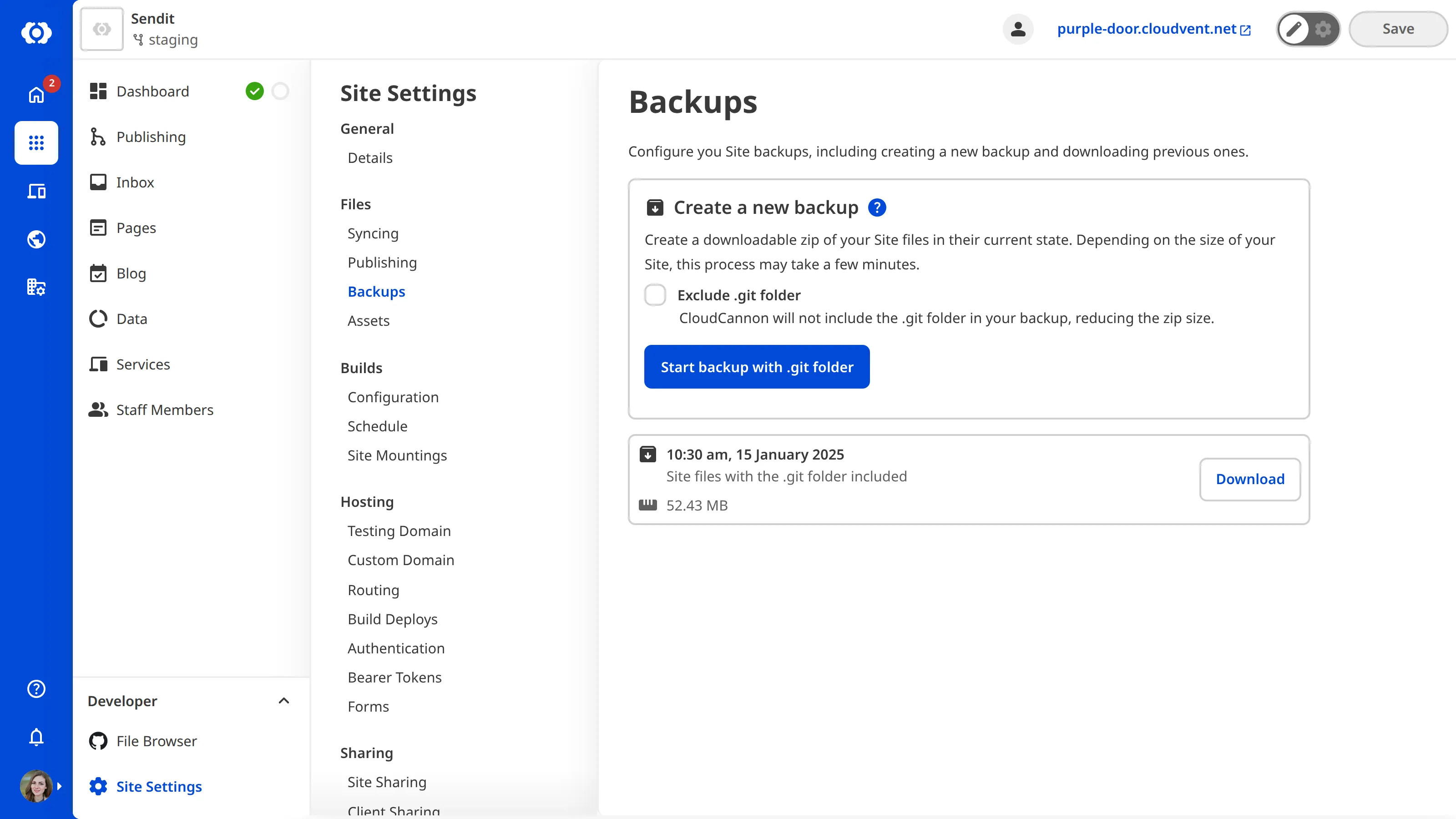 Starting a new backup from your source files and downloading backups from specified date time