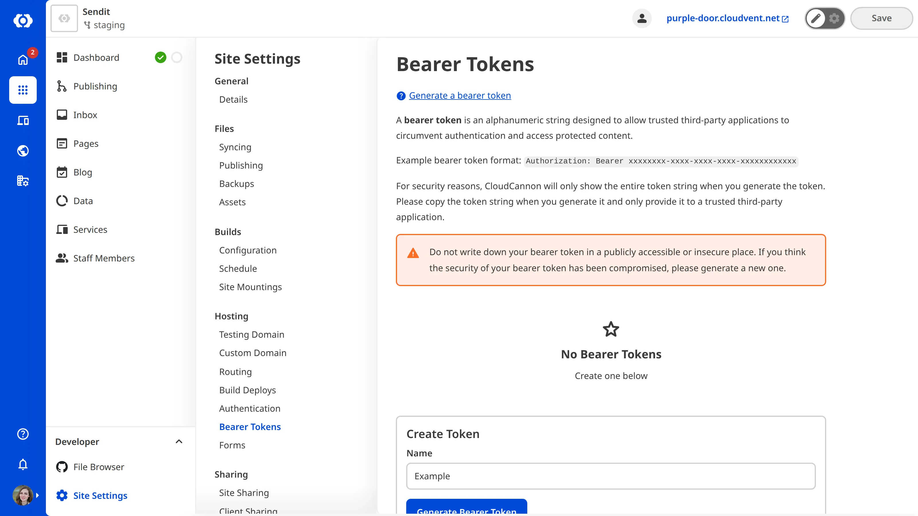 The Bearer Token page A screenshot of the Bearer Token page under Site Settings shows the Name text field and the Generate Bearer Token button.