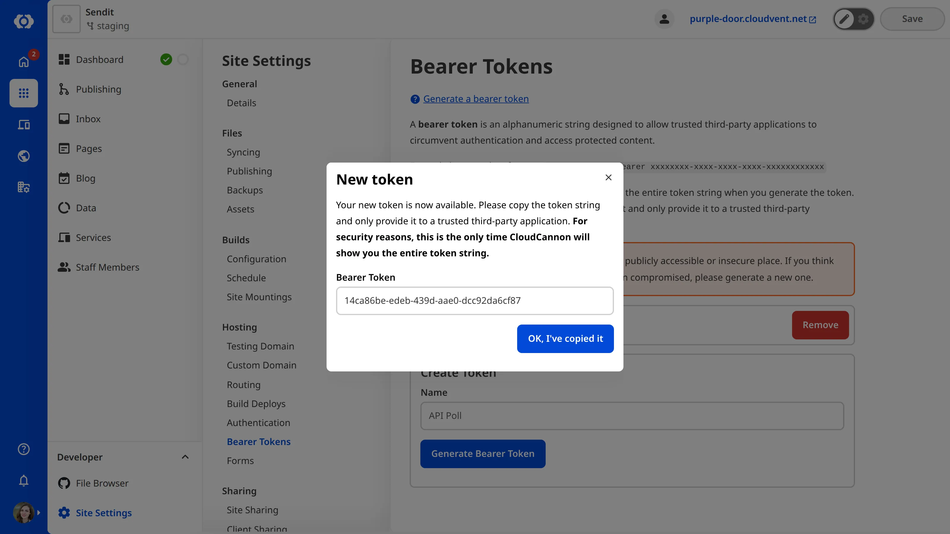 The Bearer Token page A screenshot of the Bearer Token page under Site Settings shows the New Token modal with a bearer token in the text field.
