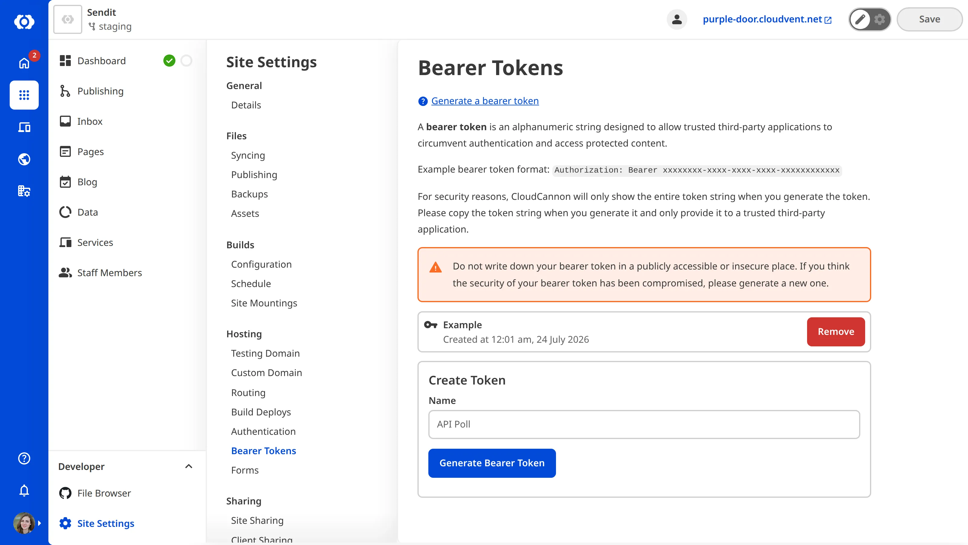 The Bearer Token page A screenshot of the Bearer Token page under Site Settings shows one bearer token has been generated for this Site.