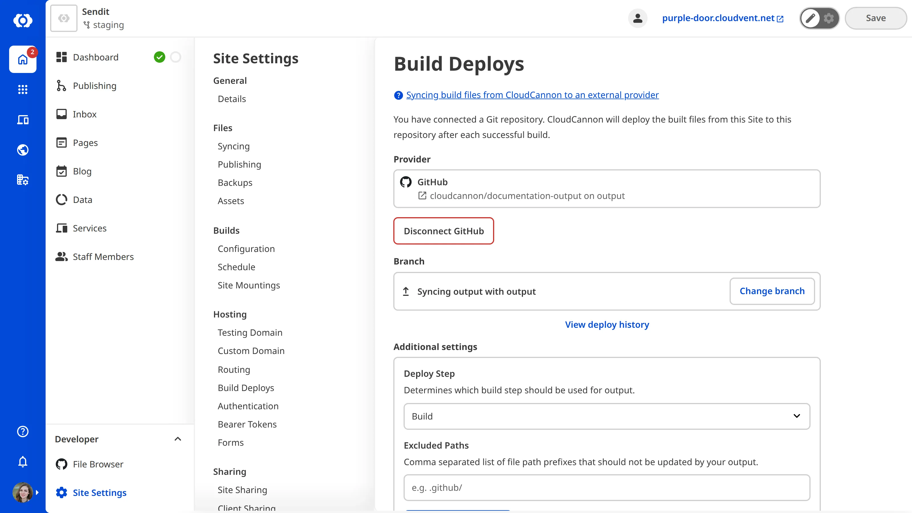 The Build Deploys page shows a GitHub repository connected as the output provider, with options to disconnect, change branch, view deploy history, and configure the deploy step and excluded paths.