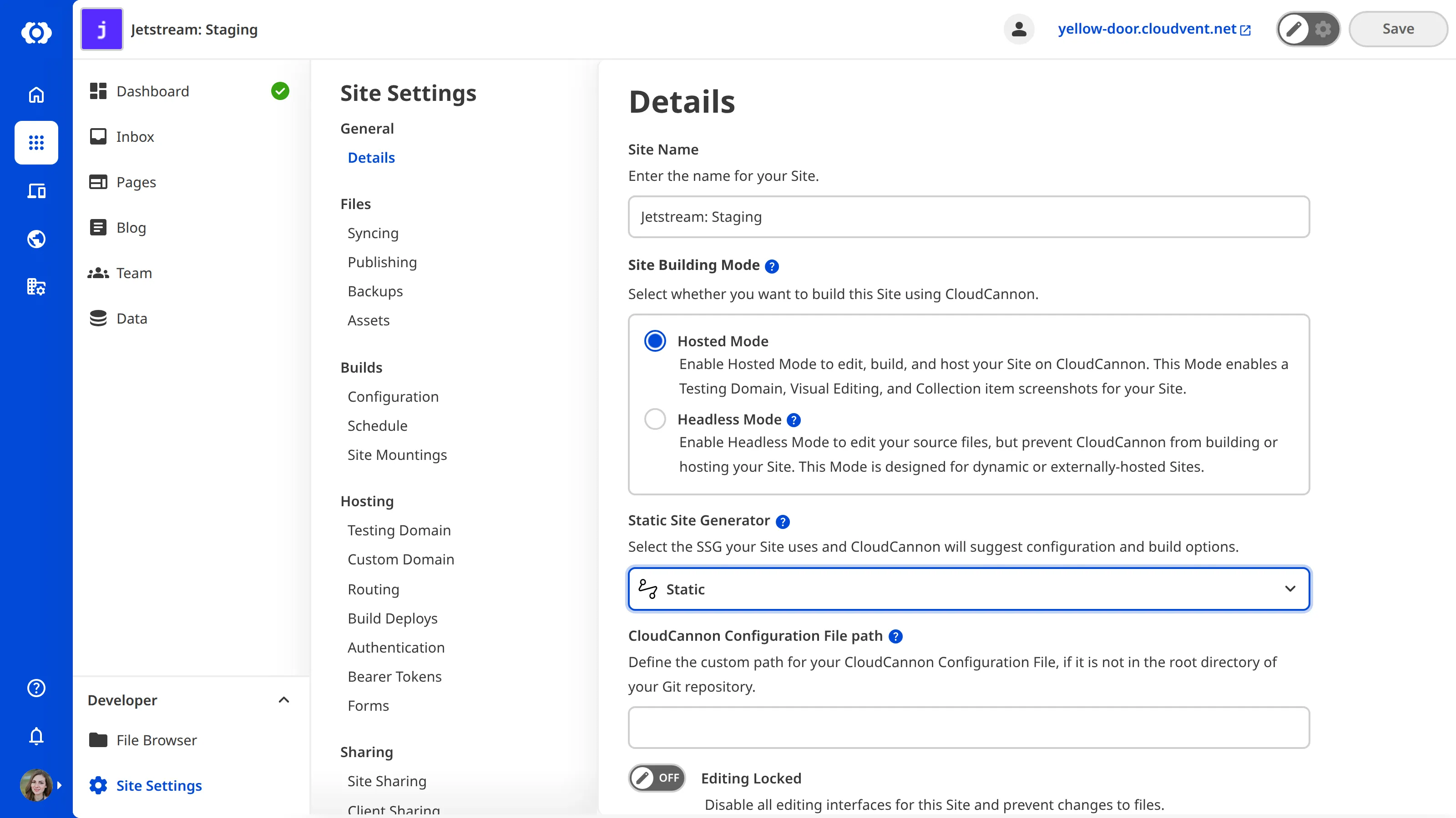 A screenshot of the Build Site page with the SSG Static selected from the dropdown menu.