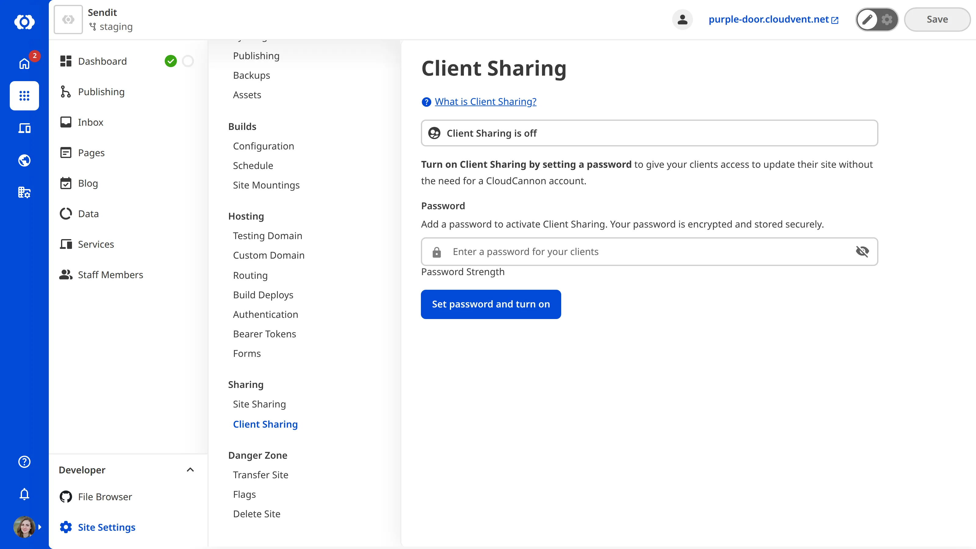 A screenshot of the Client Sharing page shows fields for setting the Client password and enabling Client Sharing.