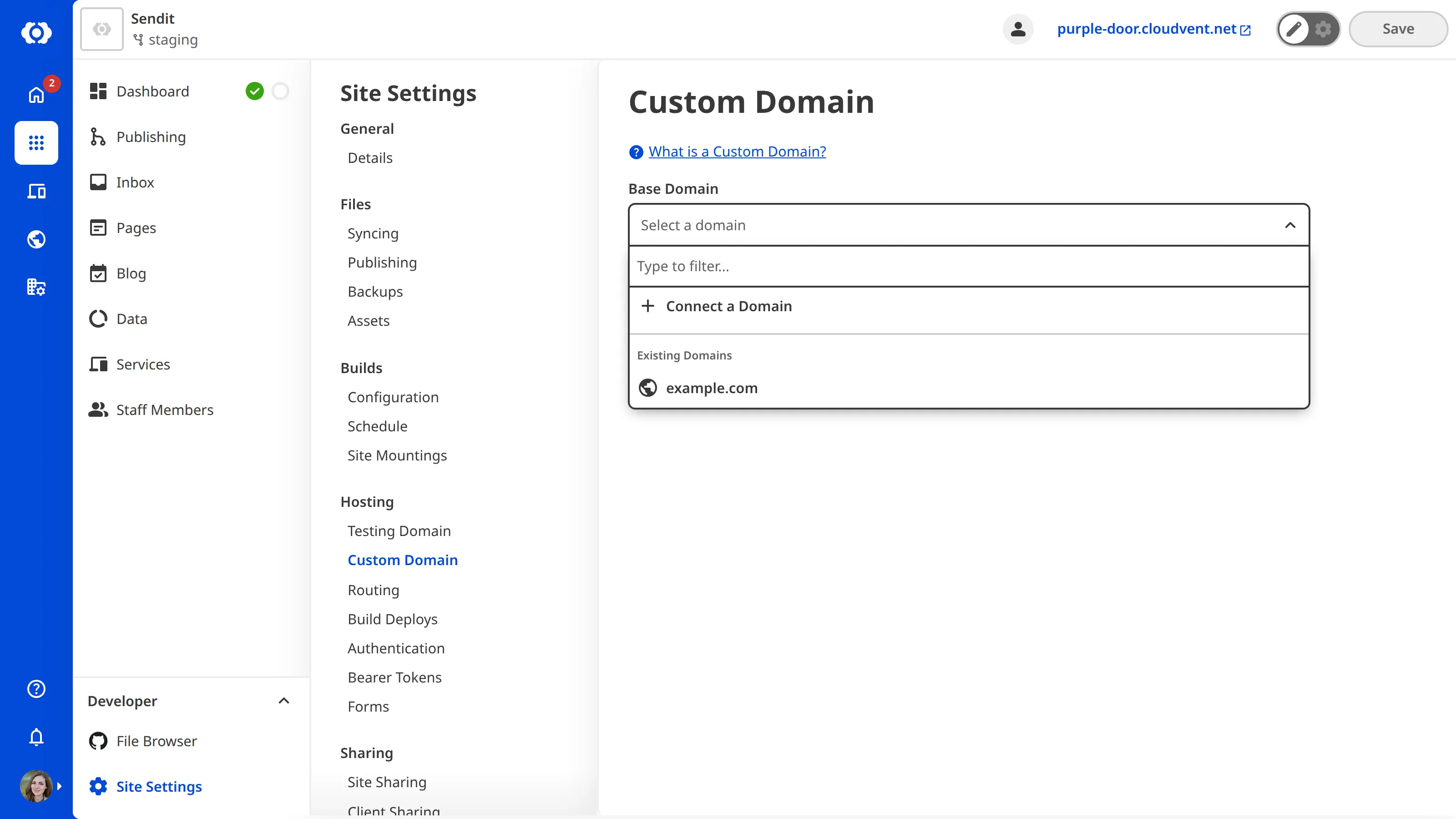 A screenshot of the Custom Domains page under Site Settings shows the Base Domain dropdown open with the option to Connect a Domain.